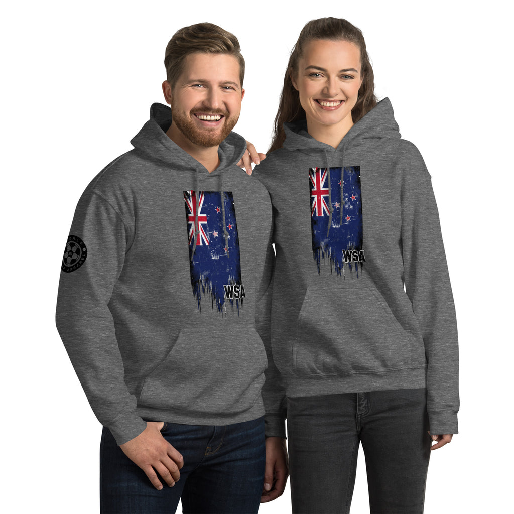 Two people wearing gray hoodies with a flag design on a white background