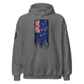 Gray hoodie with a New Zealand flag design on the back against a white background