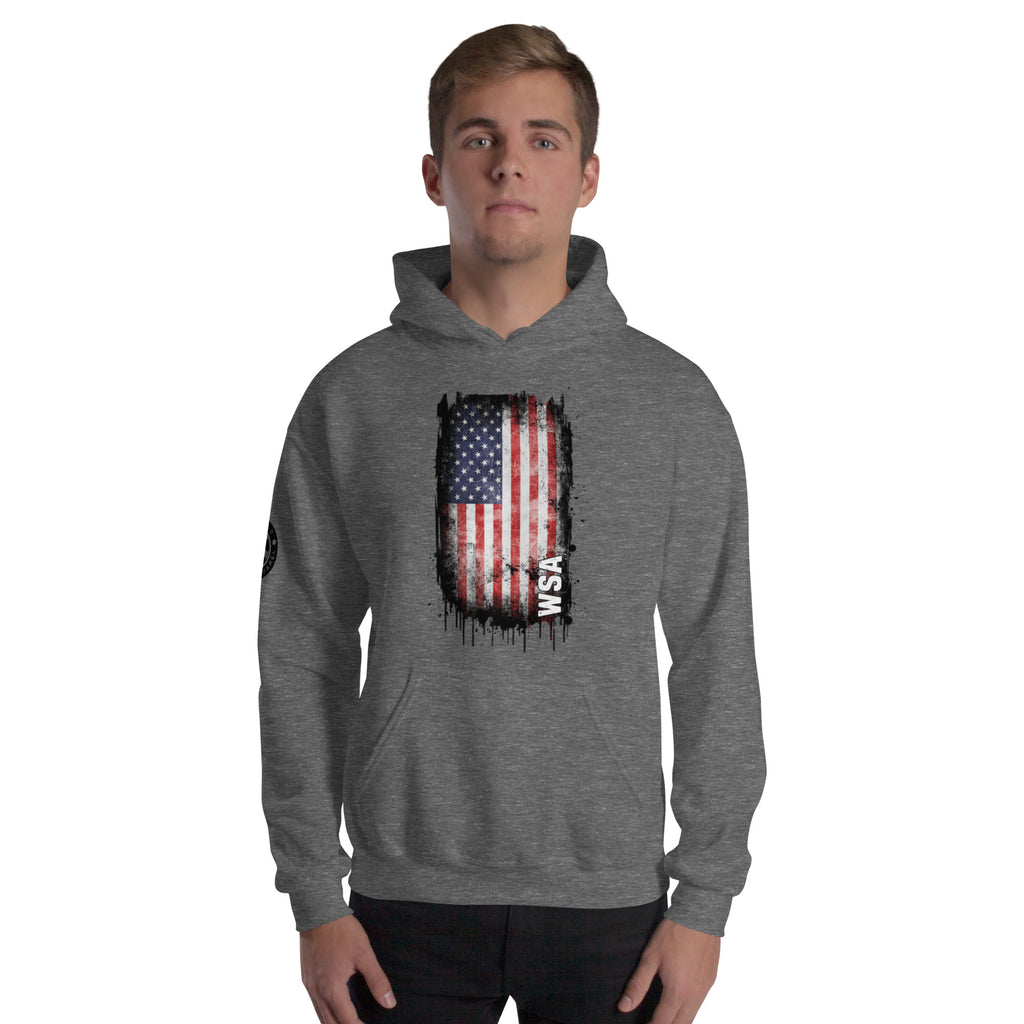 Person wearing a gray hoodie with an American flag design on a white background