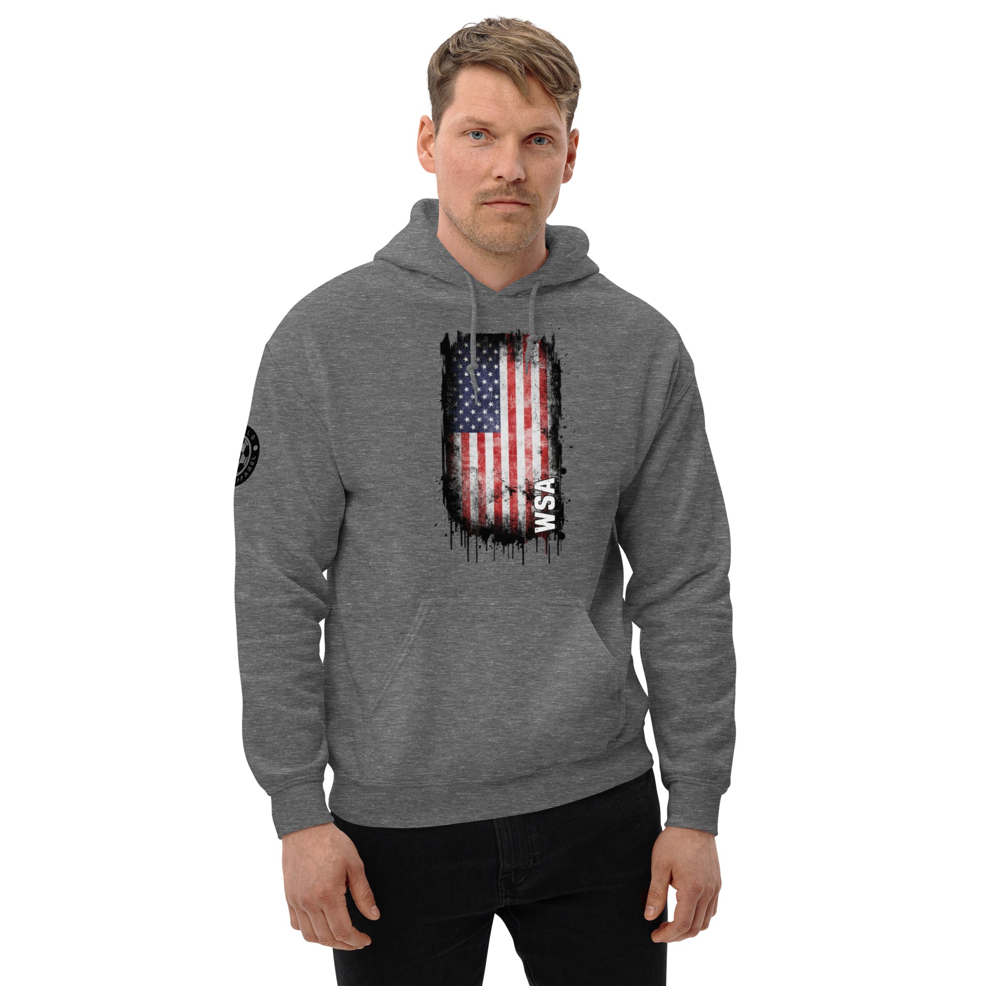 Man wearing a gray hoodie with an American flag design on a white background