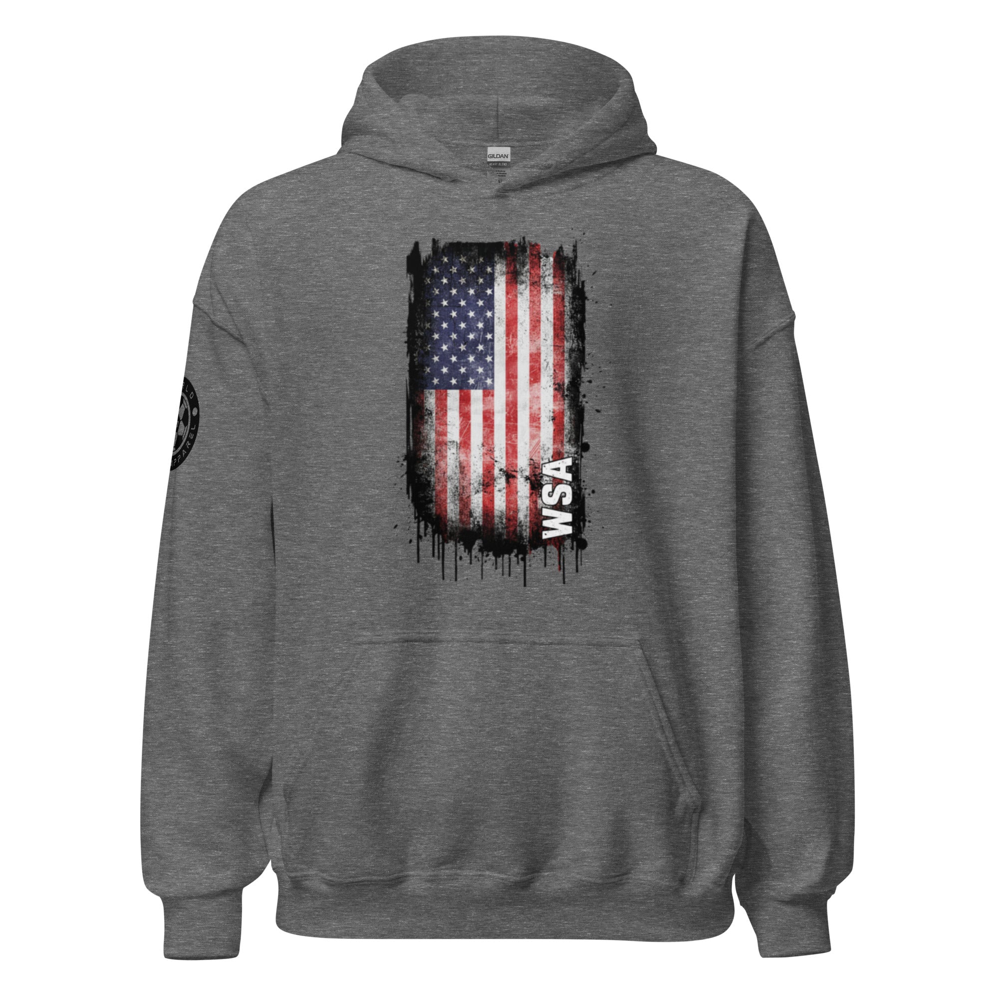 Gray hoodie with American flag design on the back against a white background