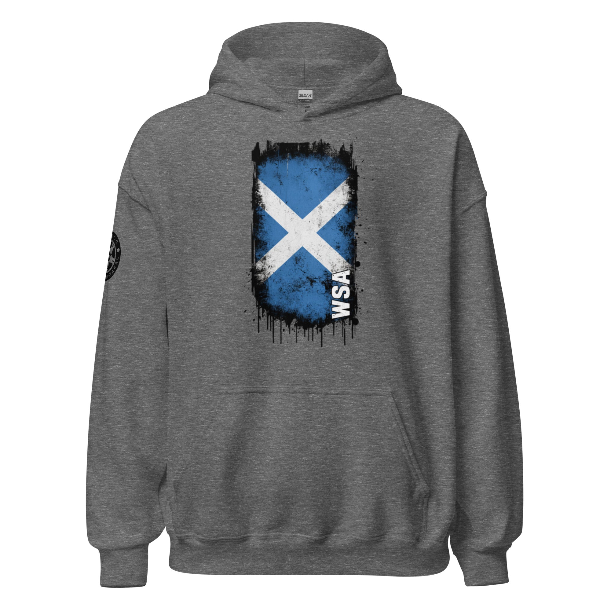 Gray hoodie with a Scottish flag design on the back against a white background