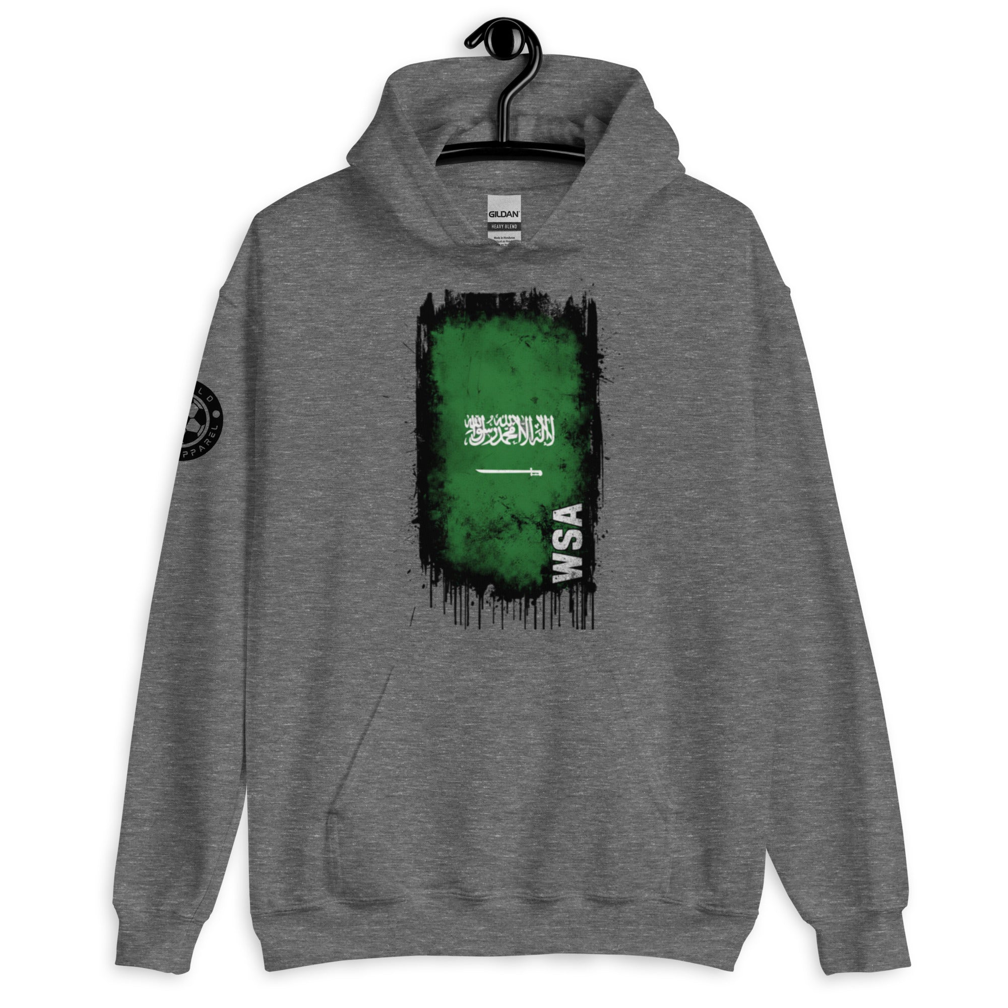 Gray hoodie with green graphic and 'WSA' text on a white background
