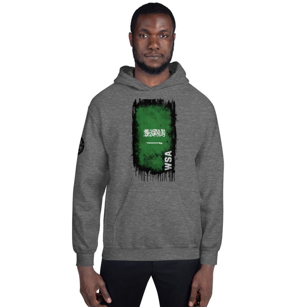 Person wearing a gray hoodie with a green and black graphic design on a white background
