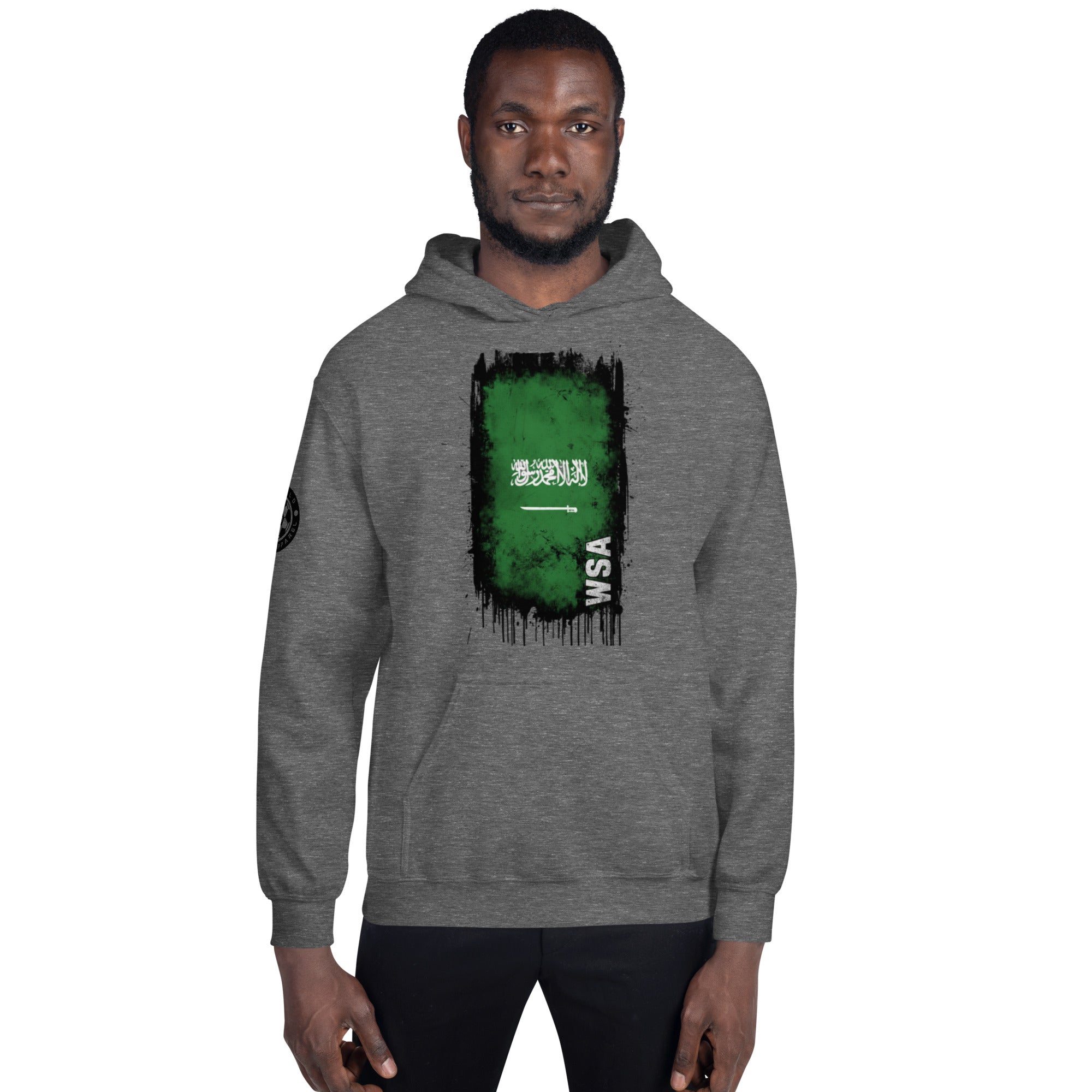 Person wearing a gray hoodie with a green and black graphic design on a white background