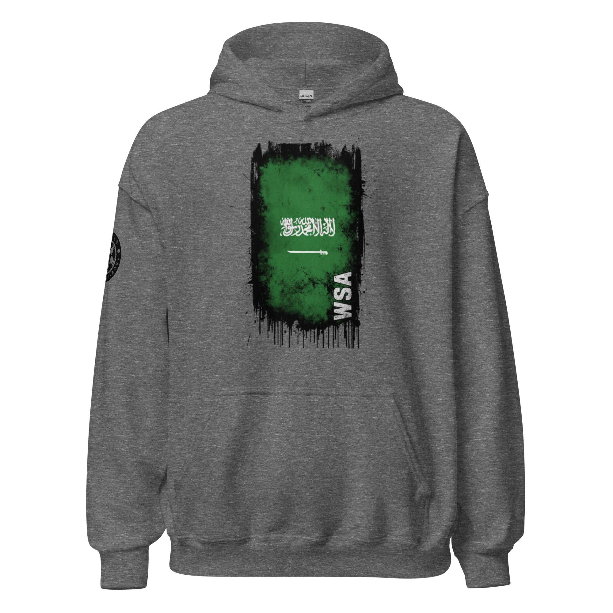 Gray hoodie with a green and black graphic on the back against a white background