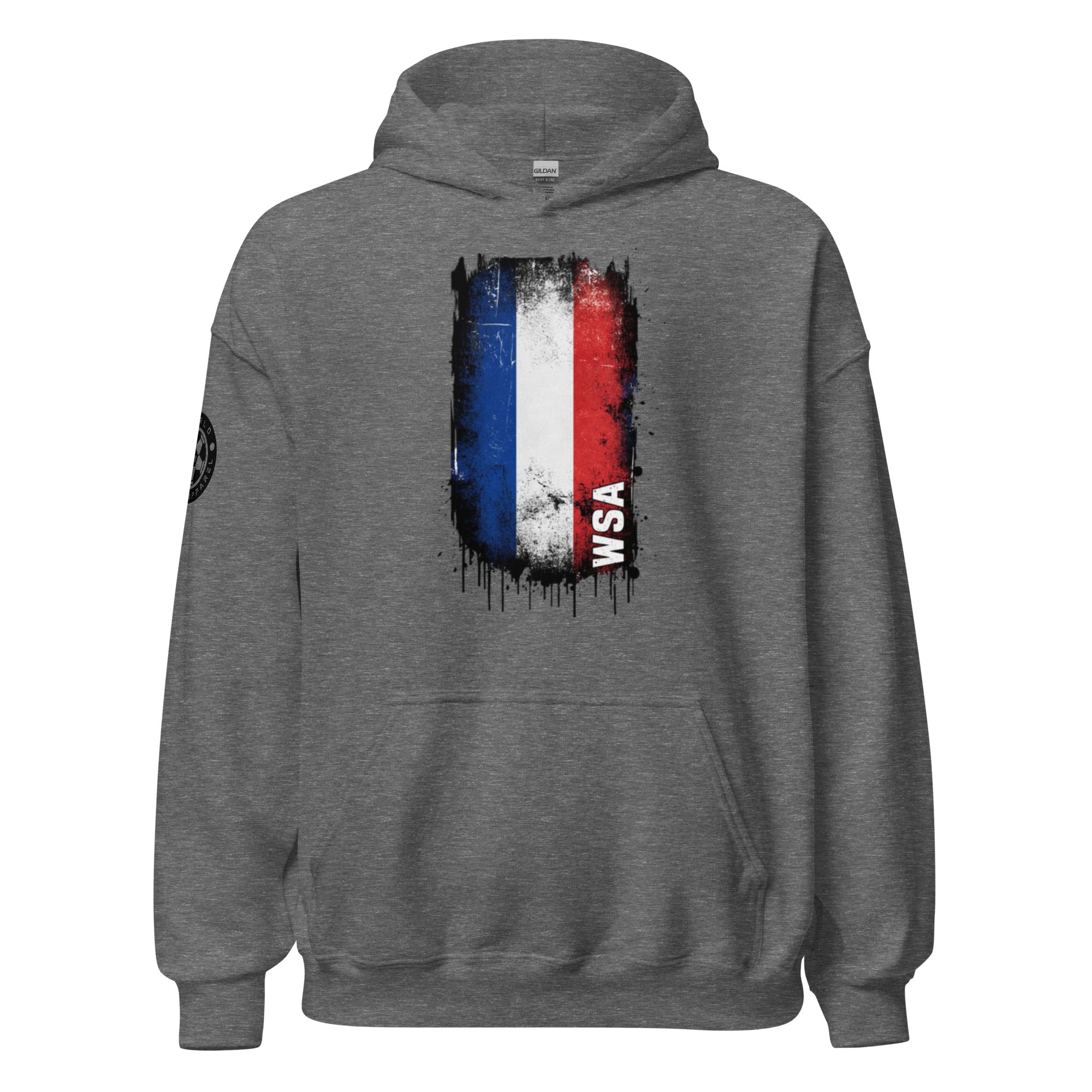 Gray hoodie with a colorful graphic on the back against a white background
