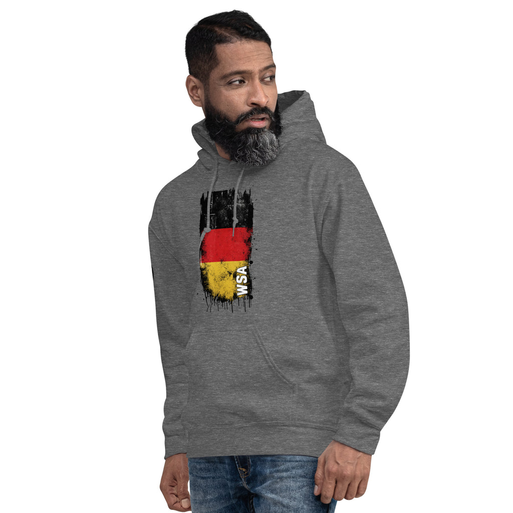 Man wearing a gray hoodie with a colorful design on a white background
