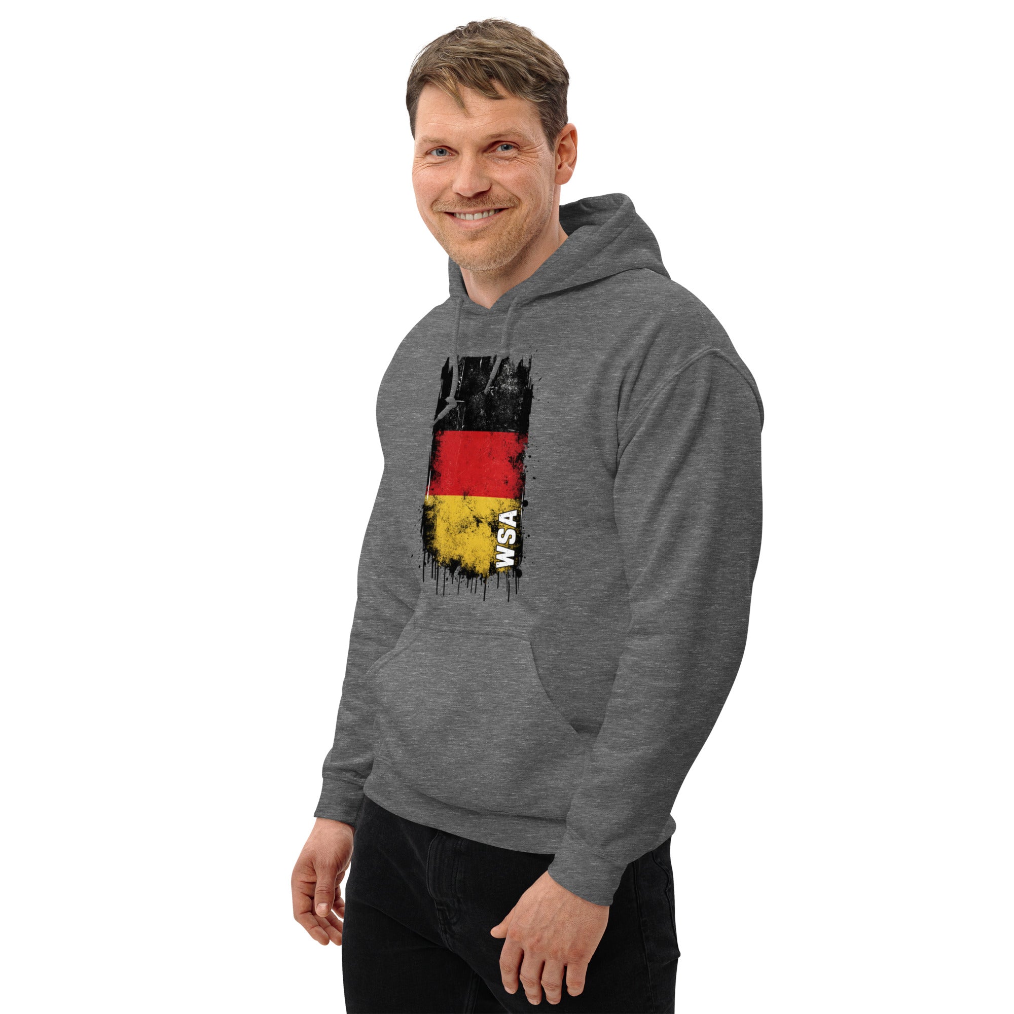 Man wearing a gray hoodie with a graphic design on a white background