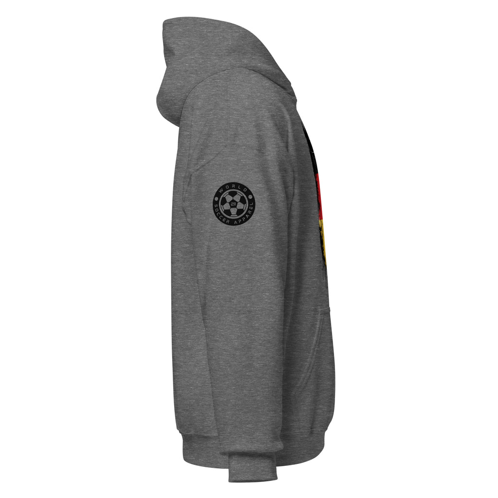 Gray hoodie with a logo on the sleeve against a white background