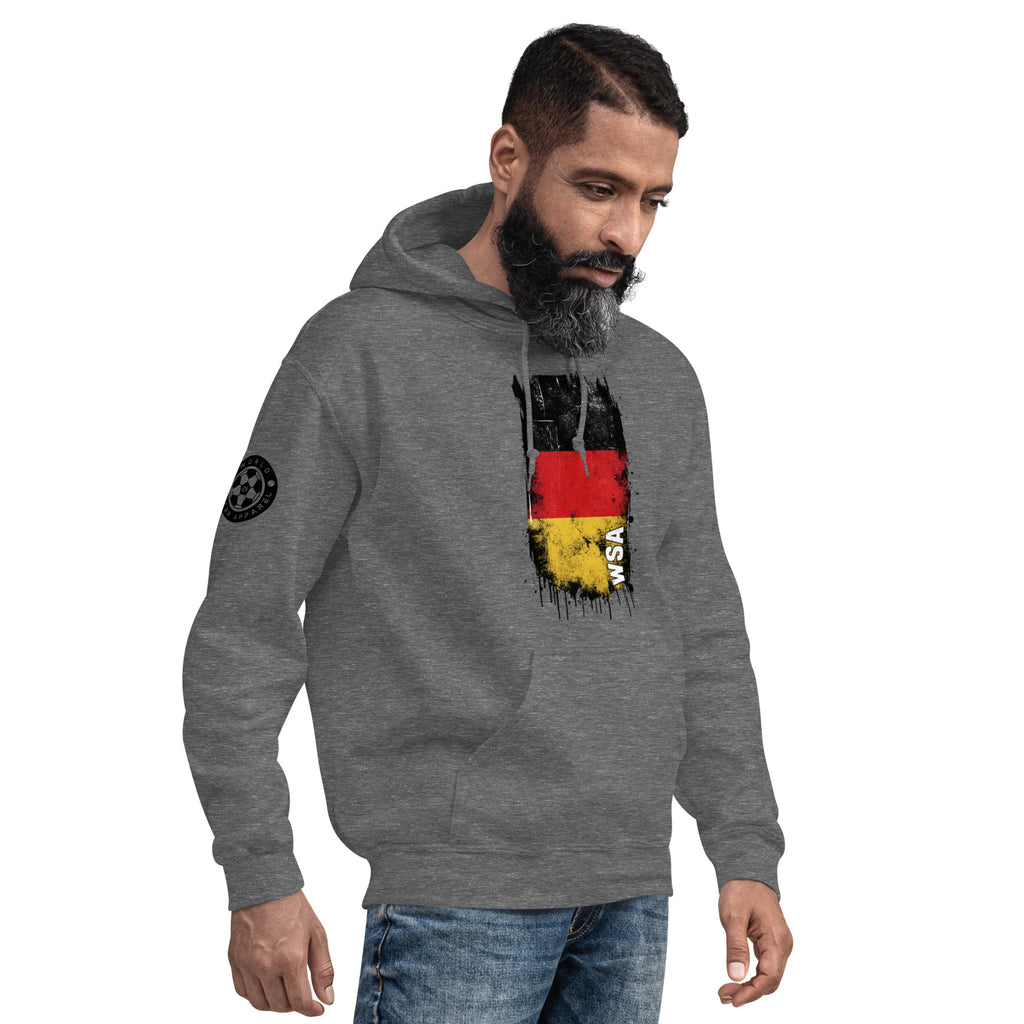Man wearing a gray hoodie with a German flag design on a white background