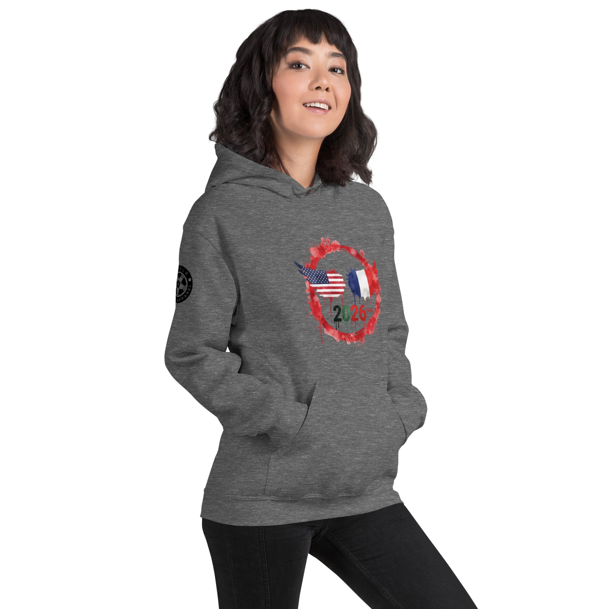 Person wearing a gray hoodie with a design on a white background