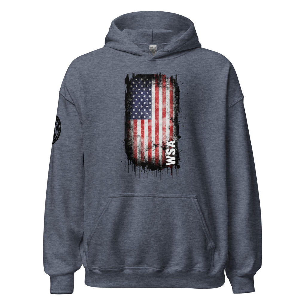 Gray hoodie with American flag design on a white background
