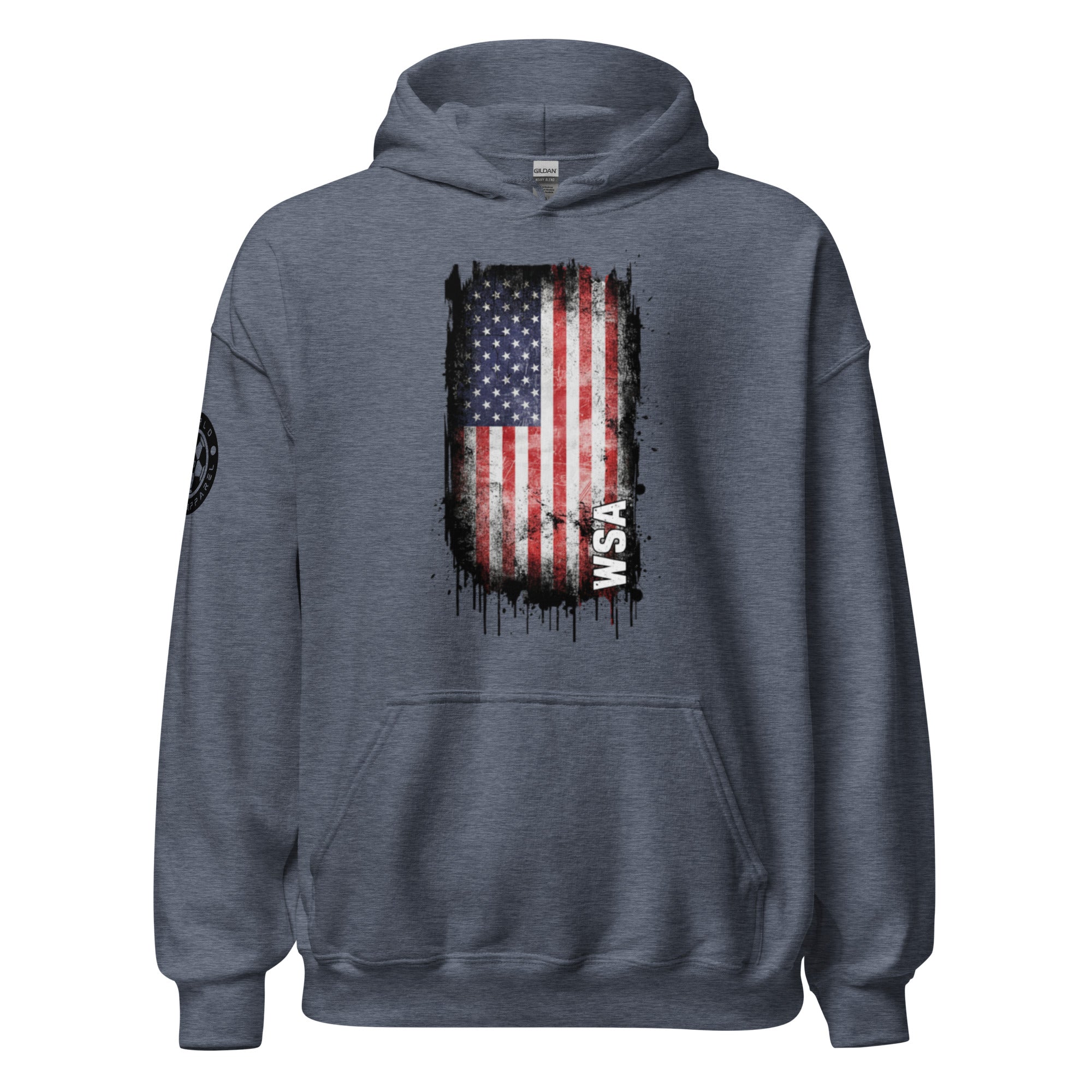 Gray hoodie with American flag design on a white background