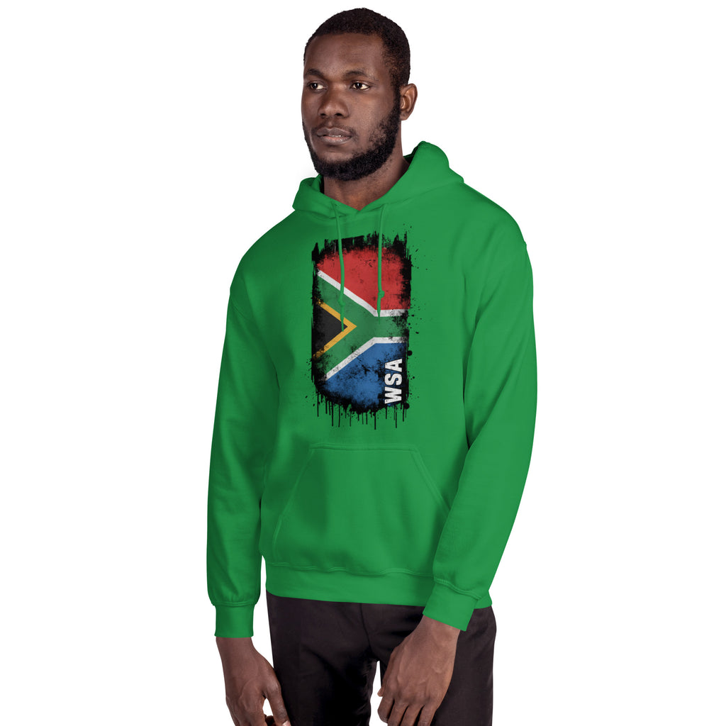 Person wearing a green hoodie with a graphic design on a white background