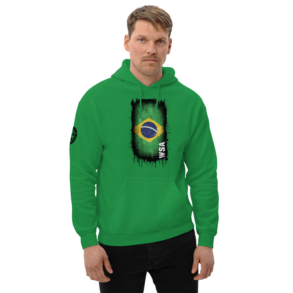 Man wearing a green hoodie with a Brazilian flag design on a white background