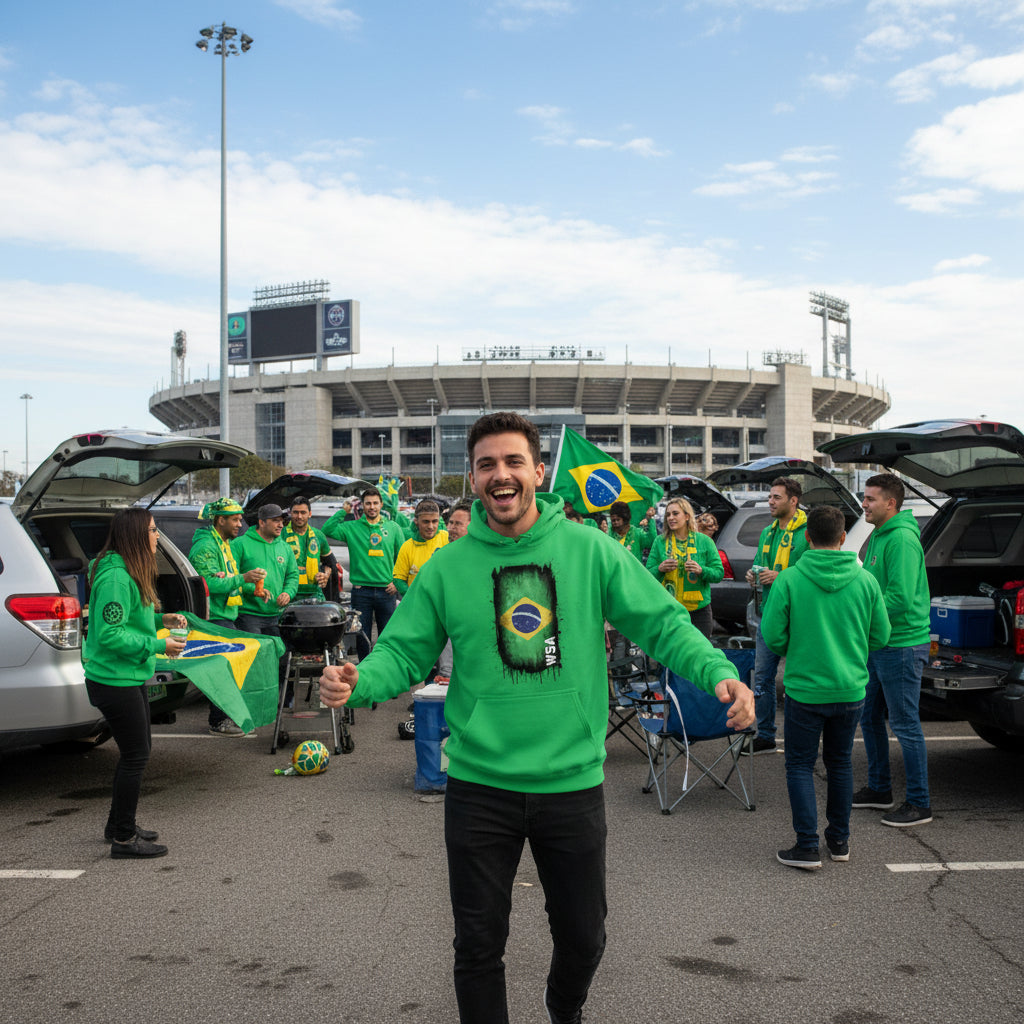 Green hoodie with a Brazilian flag design on the chest against a white background