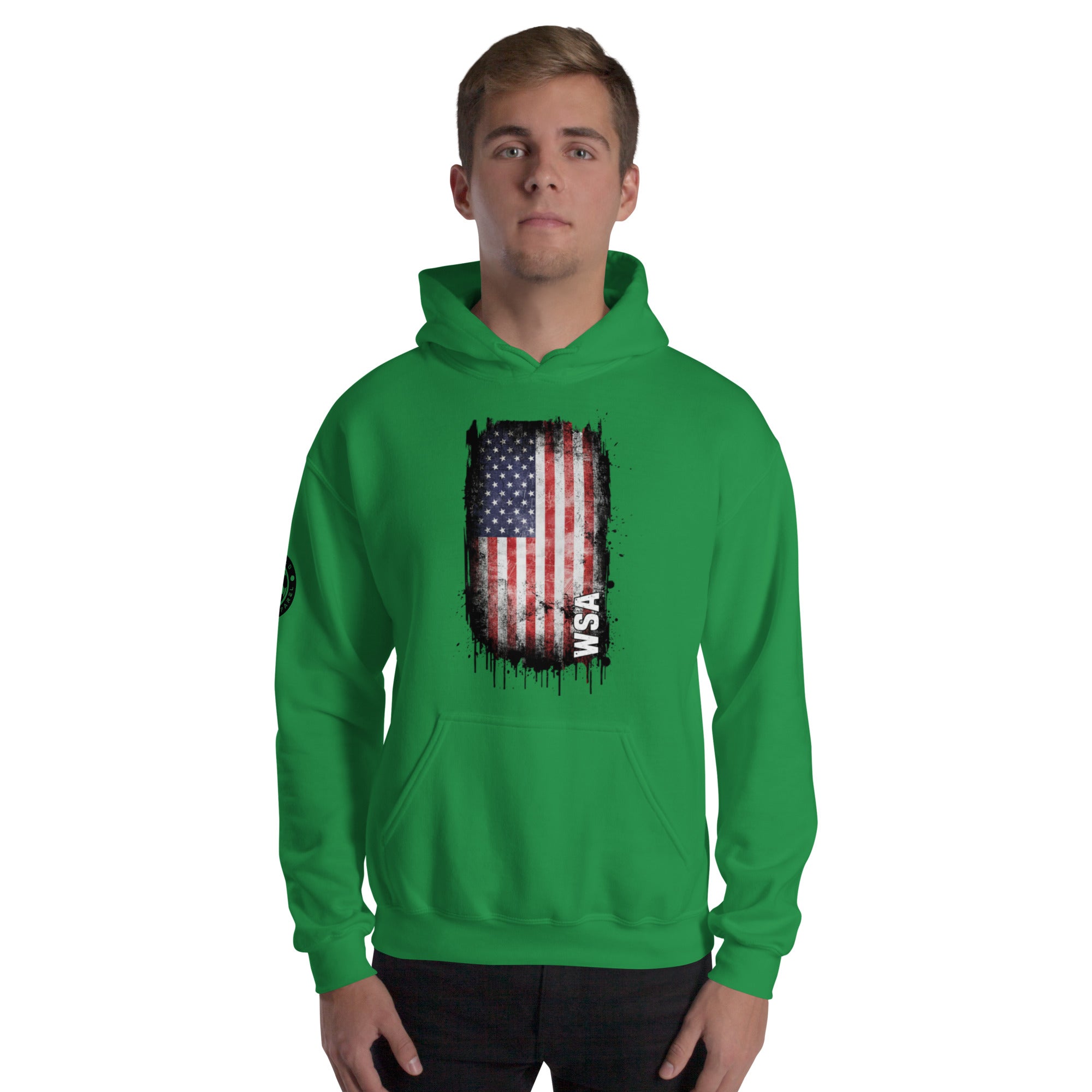 Person wearing a green hoodie with an American flag design on a white background