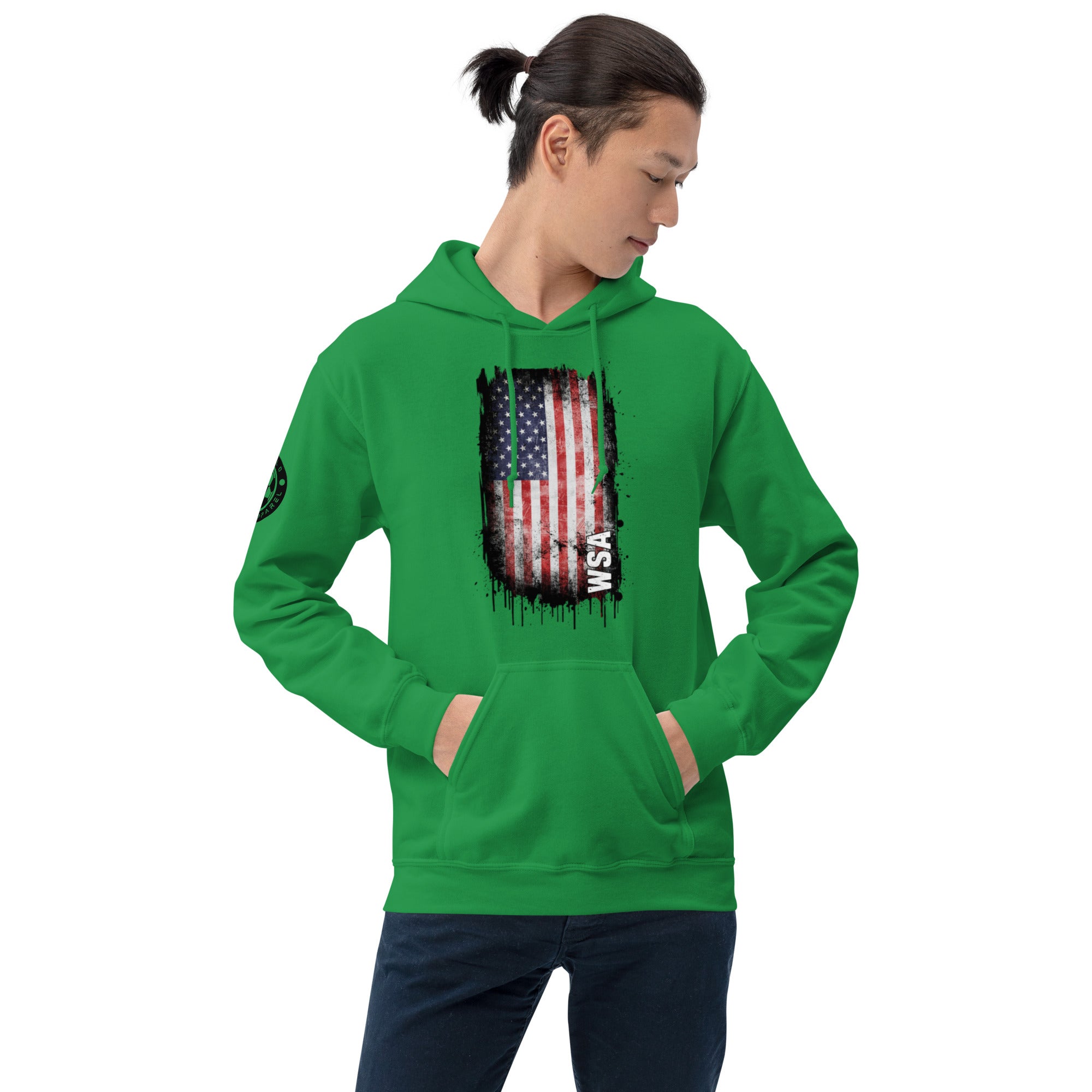 Person wearing a green hoodie with an American flag design on a white background