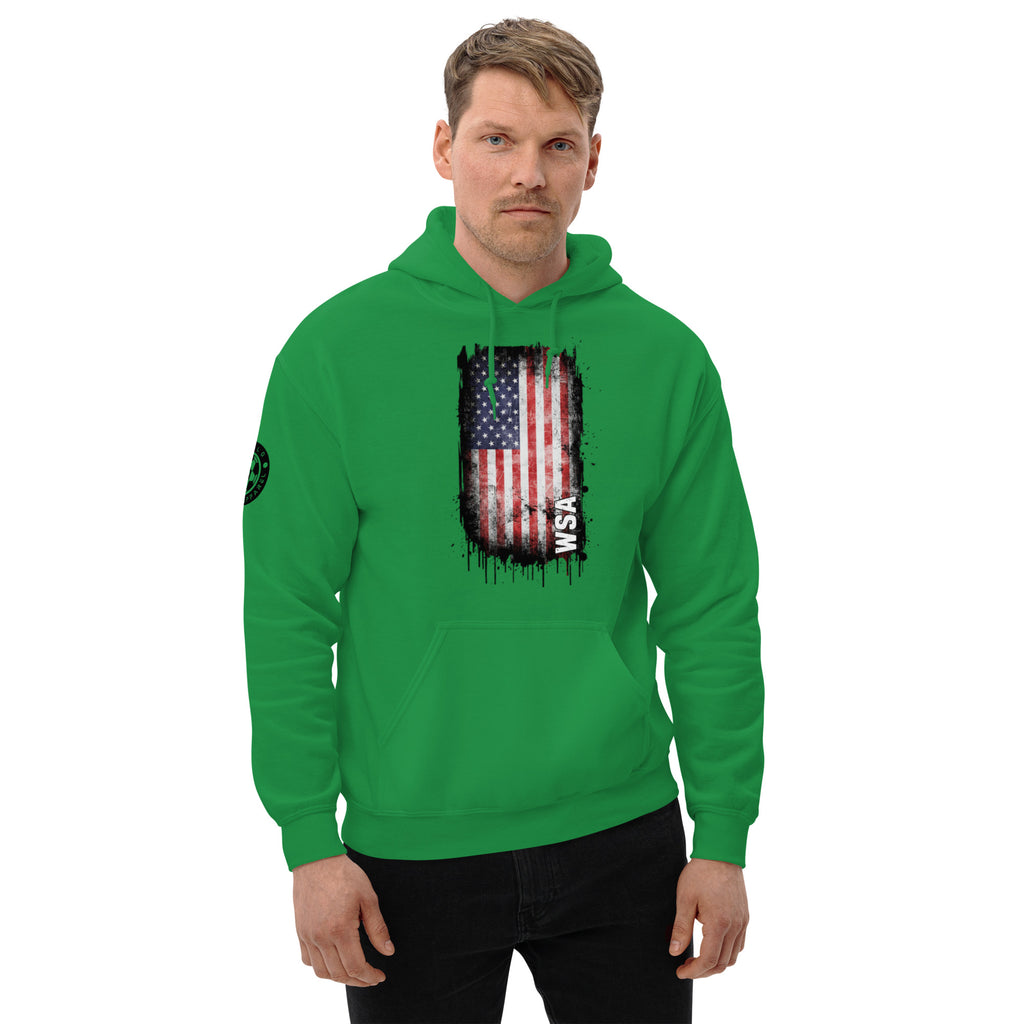 Man wearing a green hoodie with an American flag design on a white background