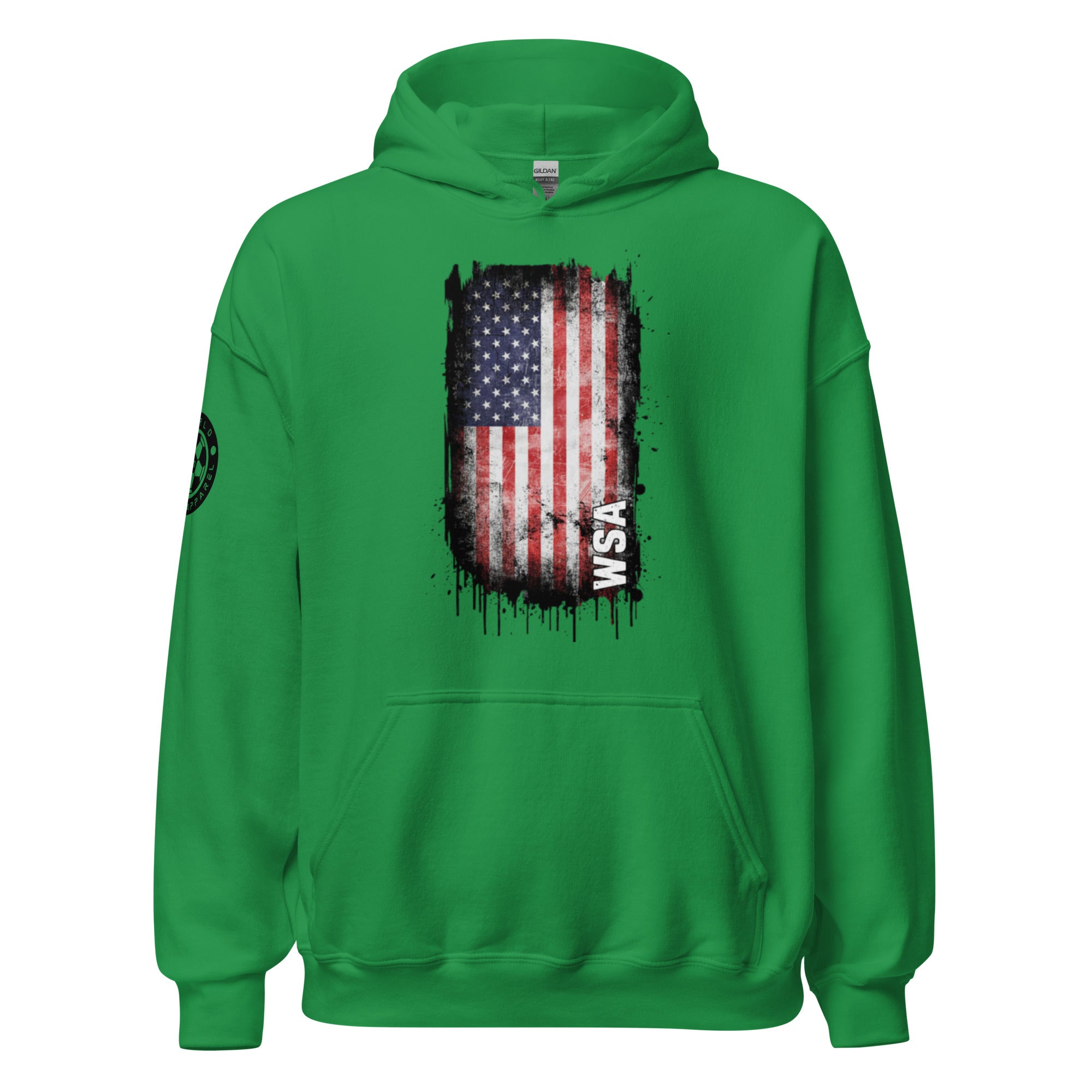 Green hoodie with American flag design on a white background