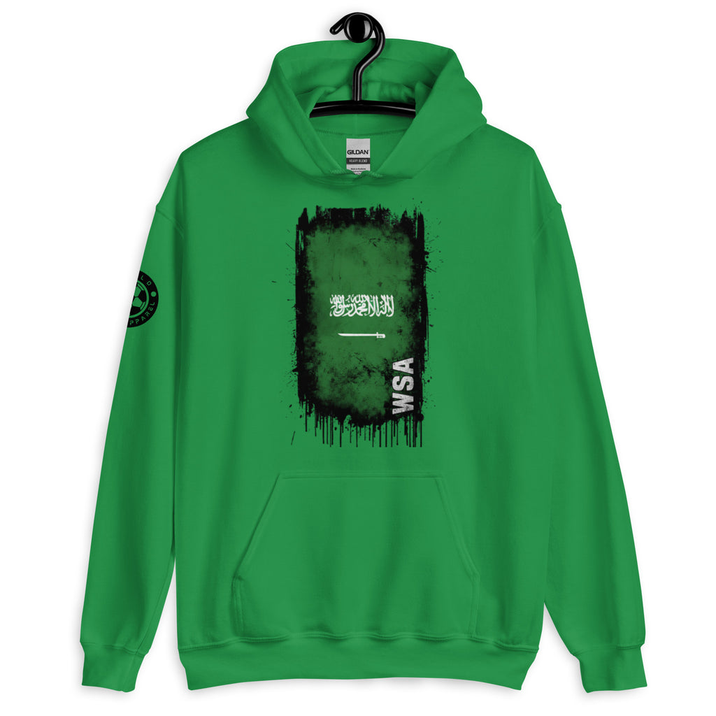 Green hoodie with black graphic design on a hanger against a white background