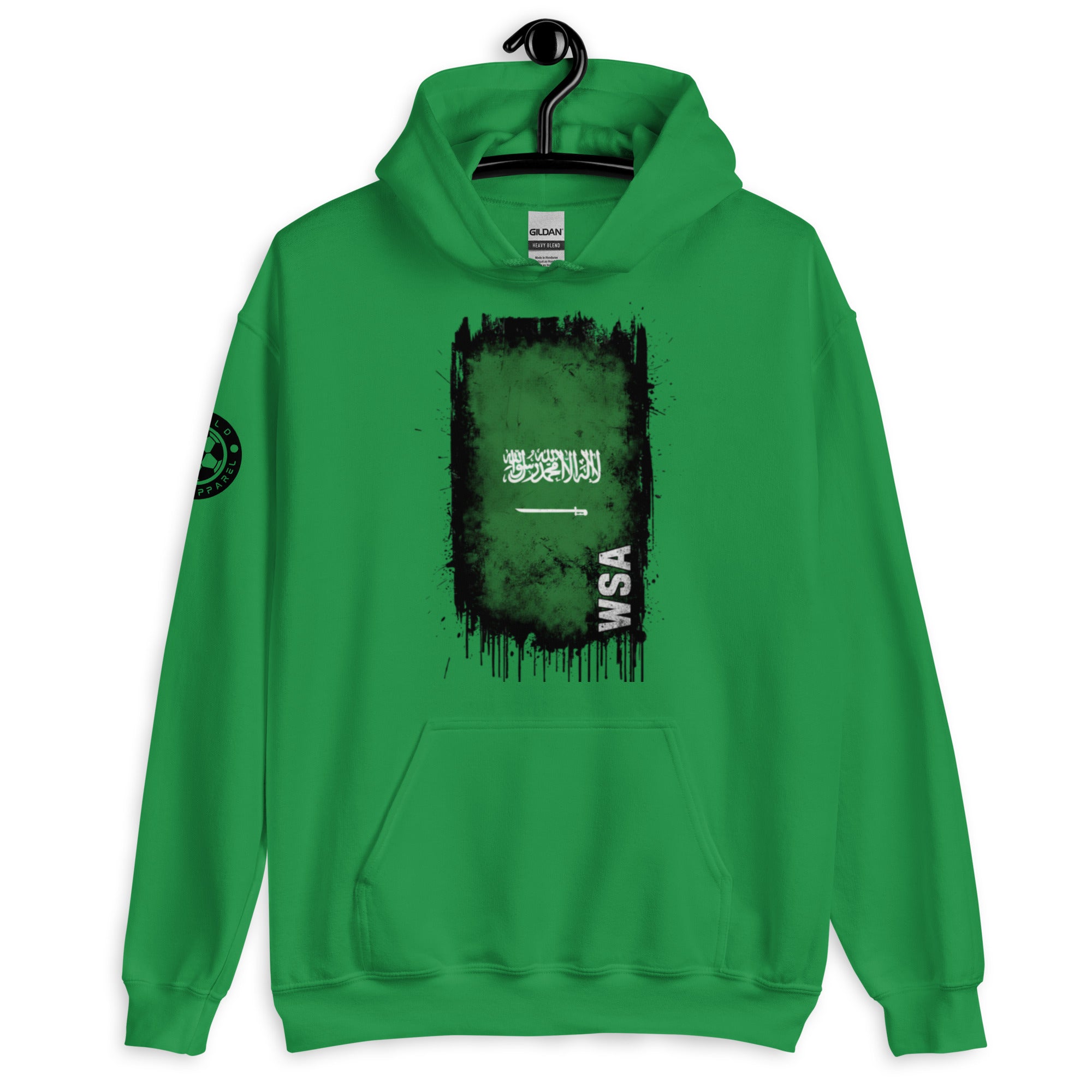 Green hoodie with black graphic design on a hanger against a white background
