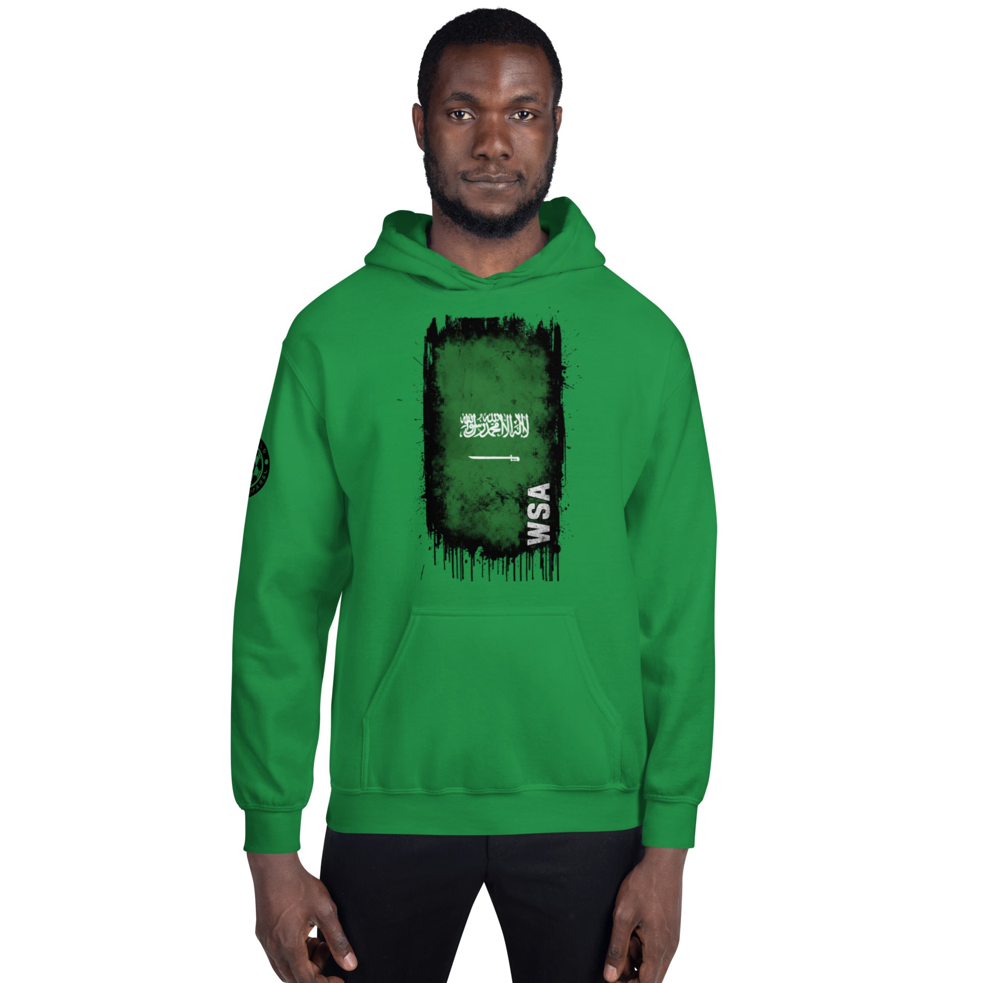 Person wearing a green hoodie with a graphic design on a white background