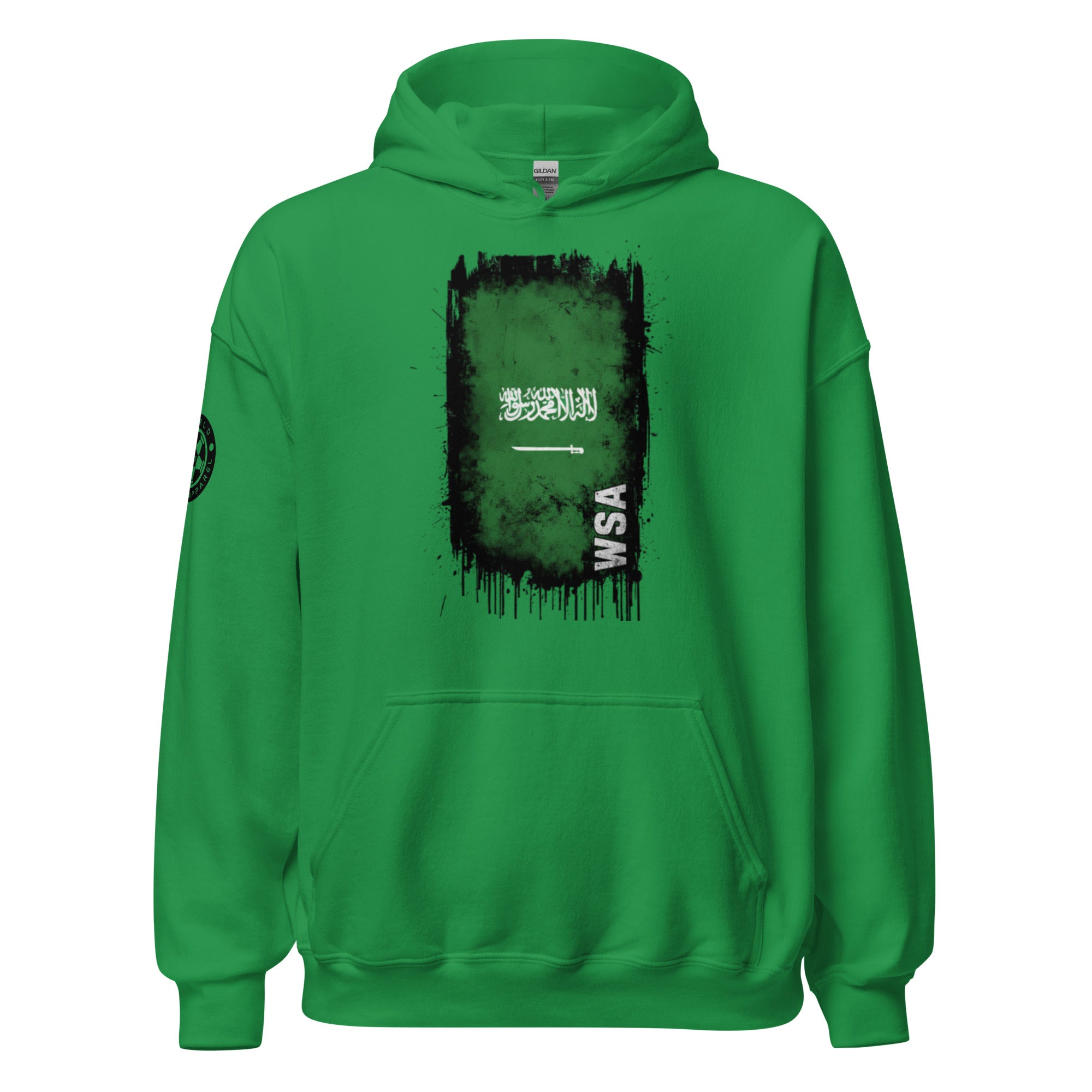 Green hoodie with black graphic design on a white background