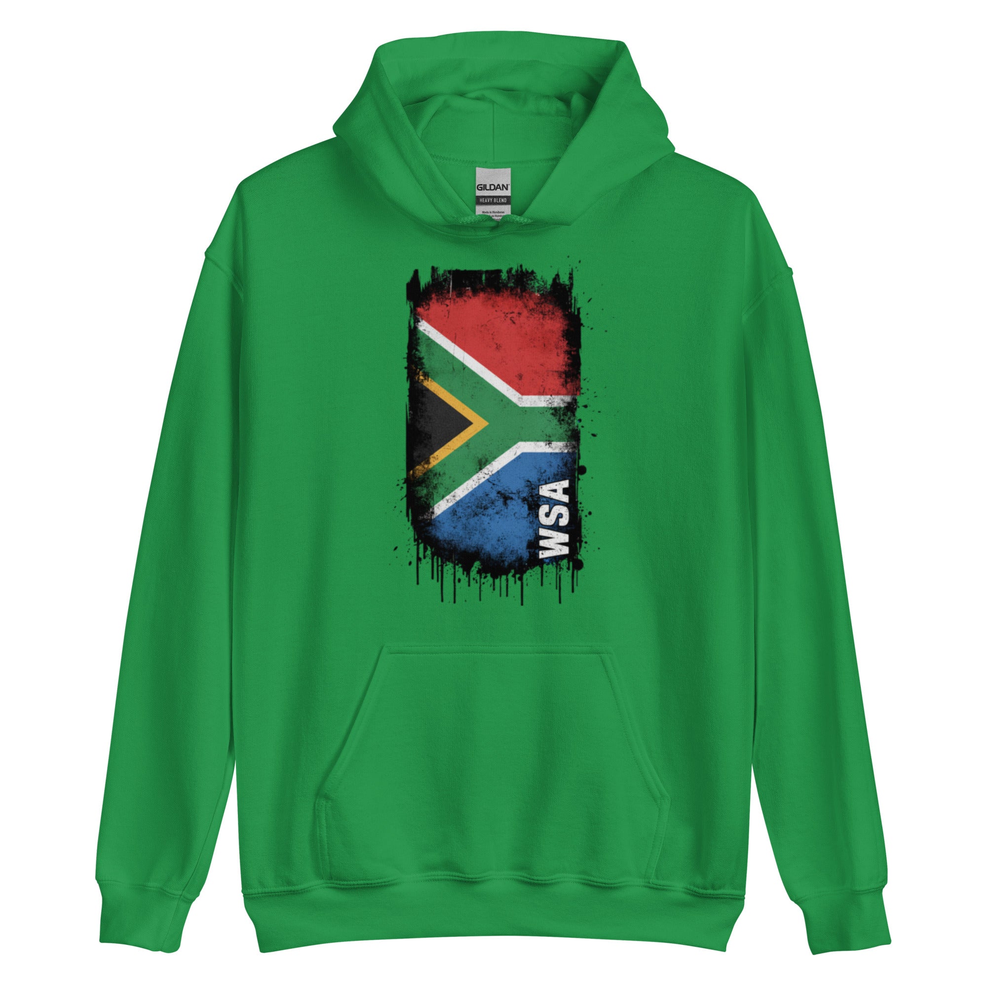 Green hoodie with South African flag design on a white background