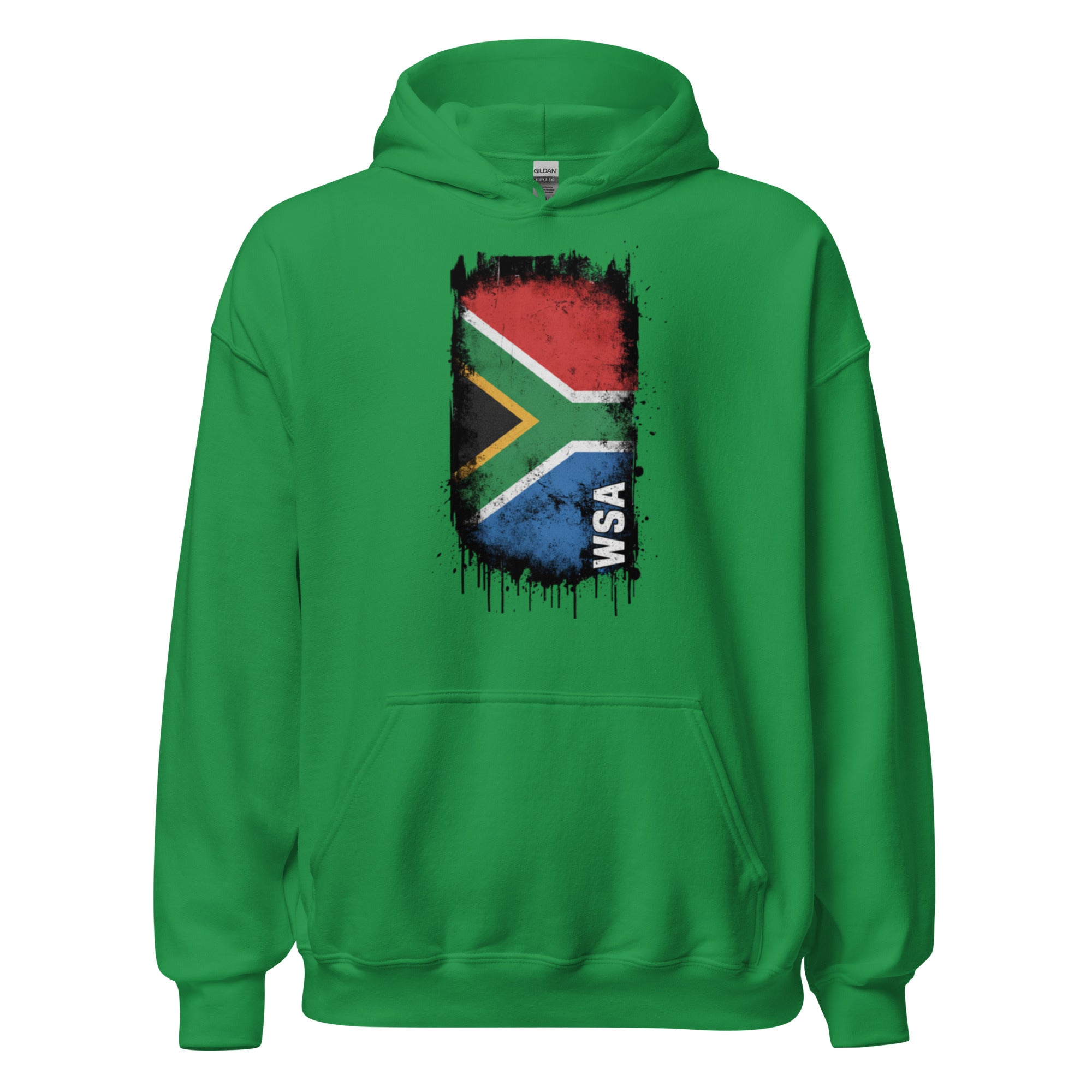 Green hoodie with South African flag design on a white background