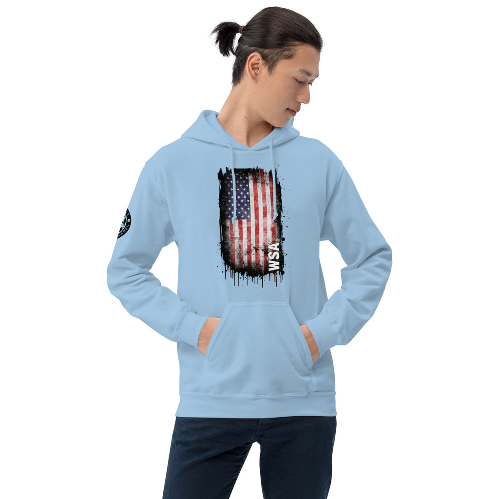 Person wearing a light blue hoodie with an American flag design on a white background