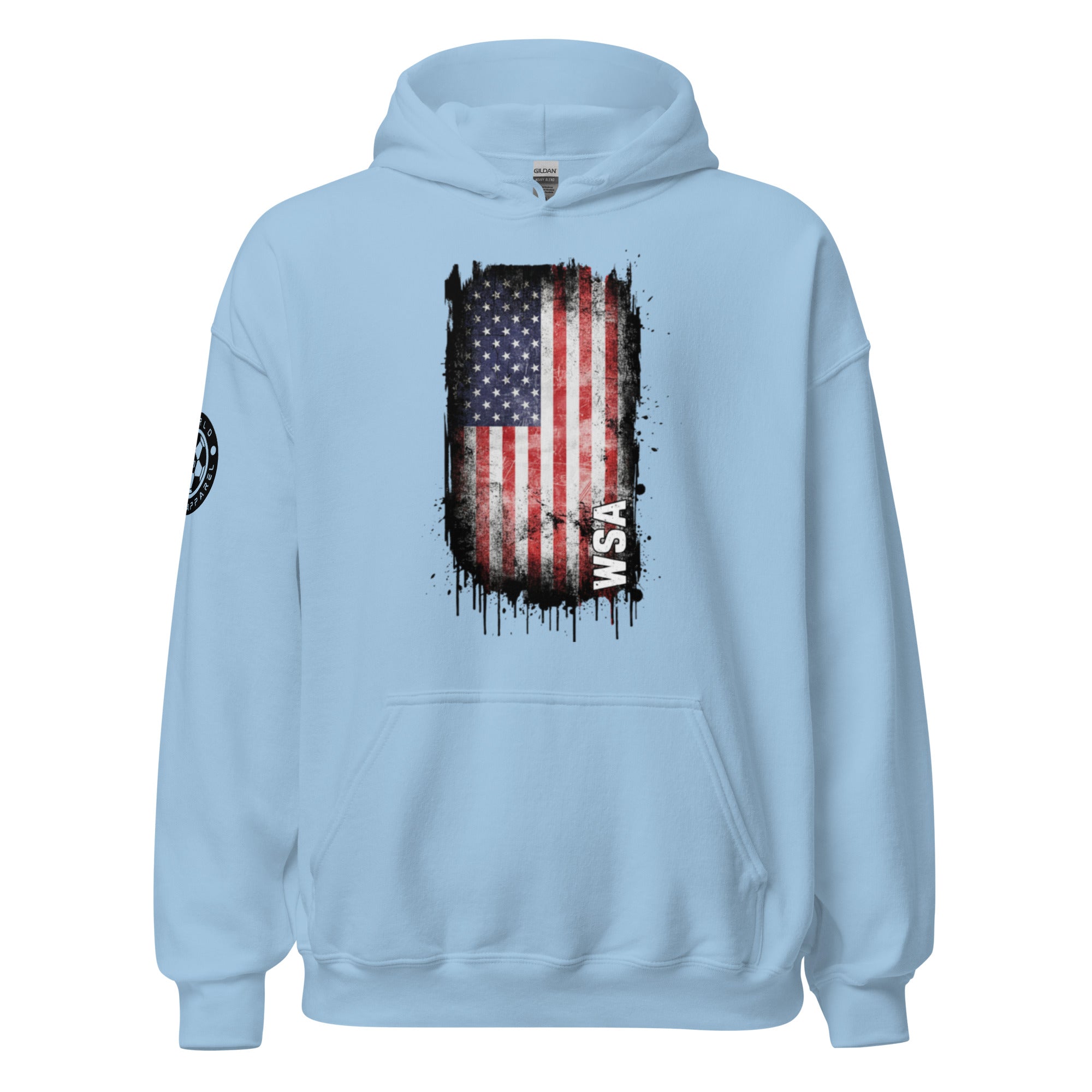 Light blue hoodie with American flag design on a white background