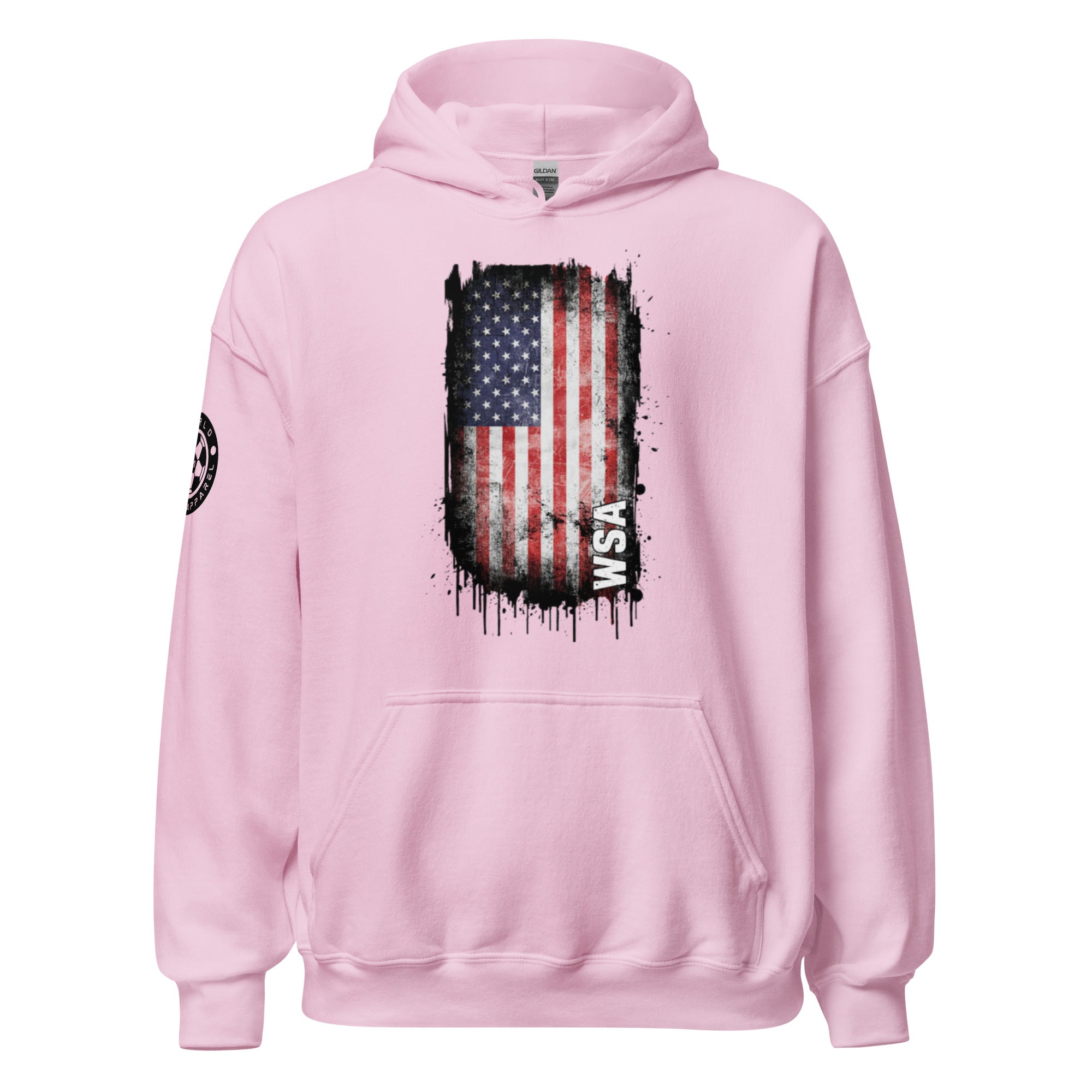 Pink hoodie with American flag design on a white background