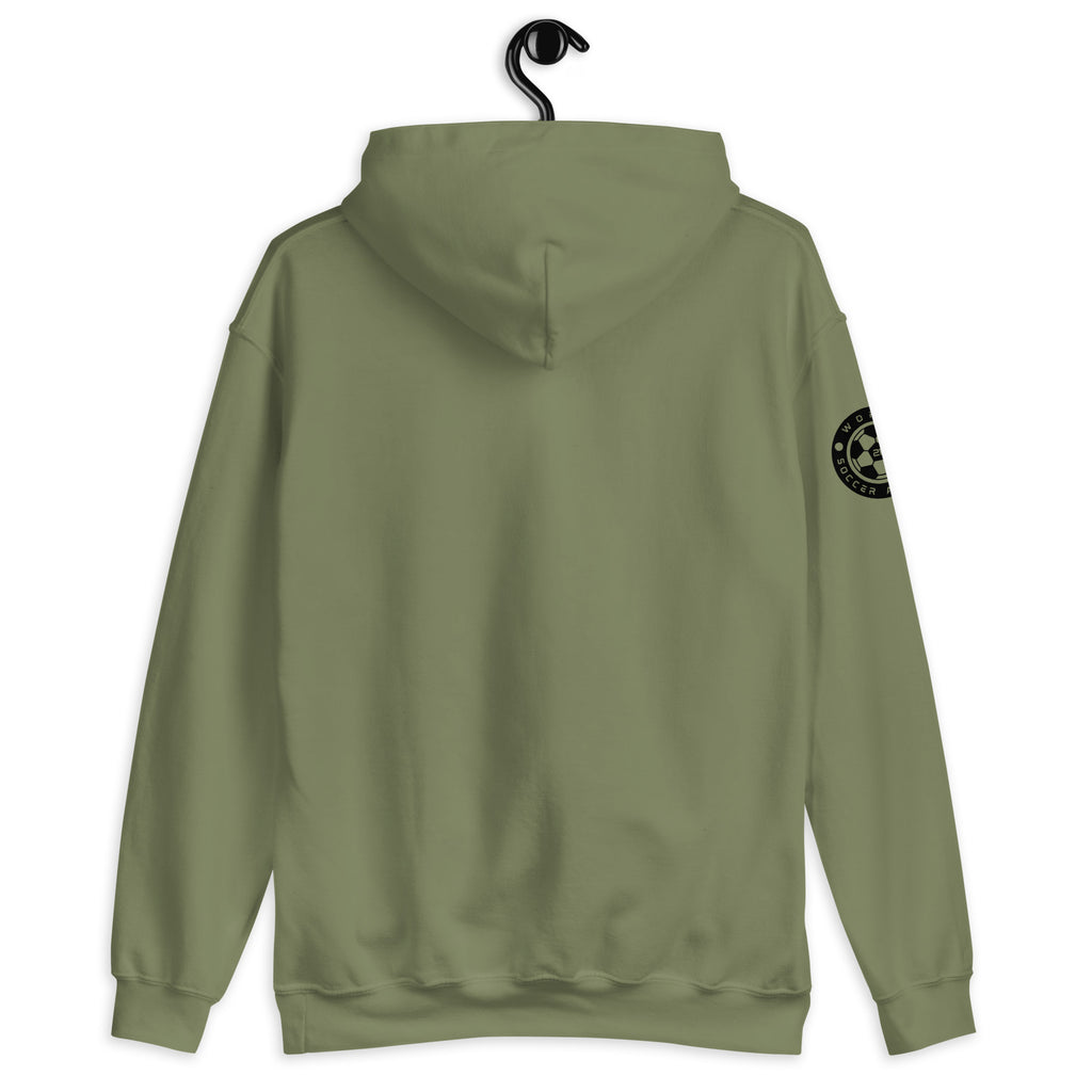 Green hoodie with a logo on the sleeve, hanging against a white background