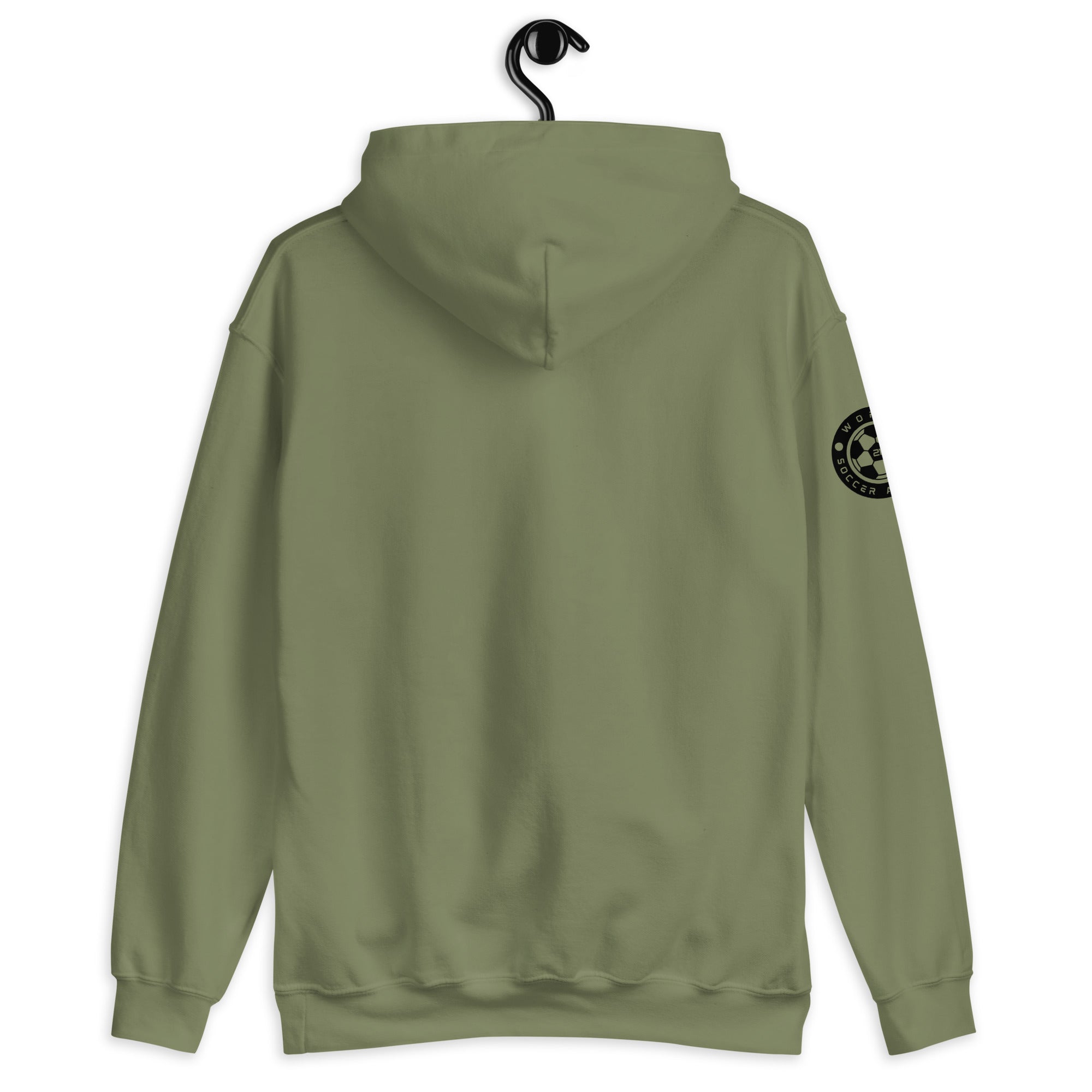 Green hoodie with a logo on the sleeve, hanging against a white background