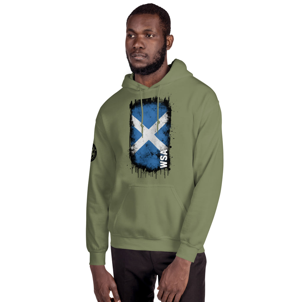 Man wearing a green hoodie with a Scottish flag design on a white background