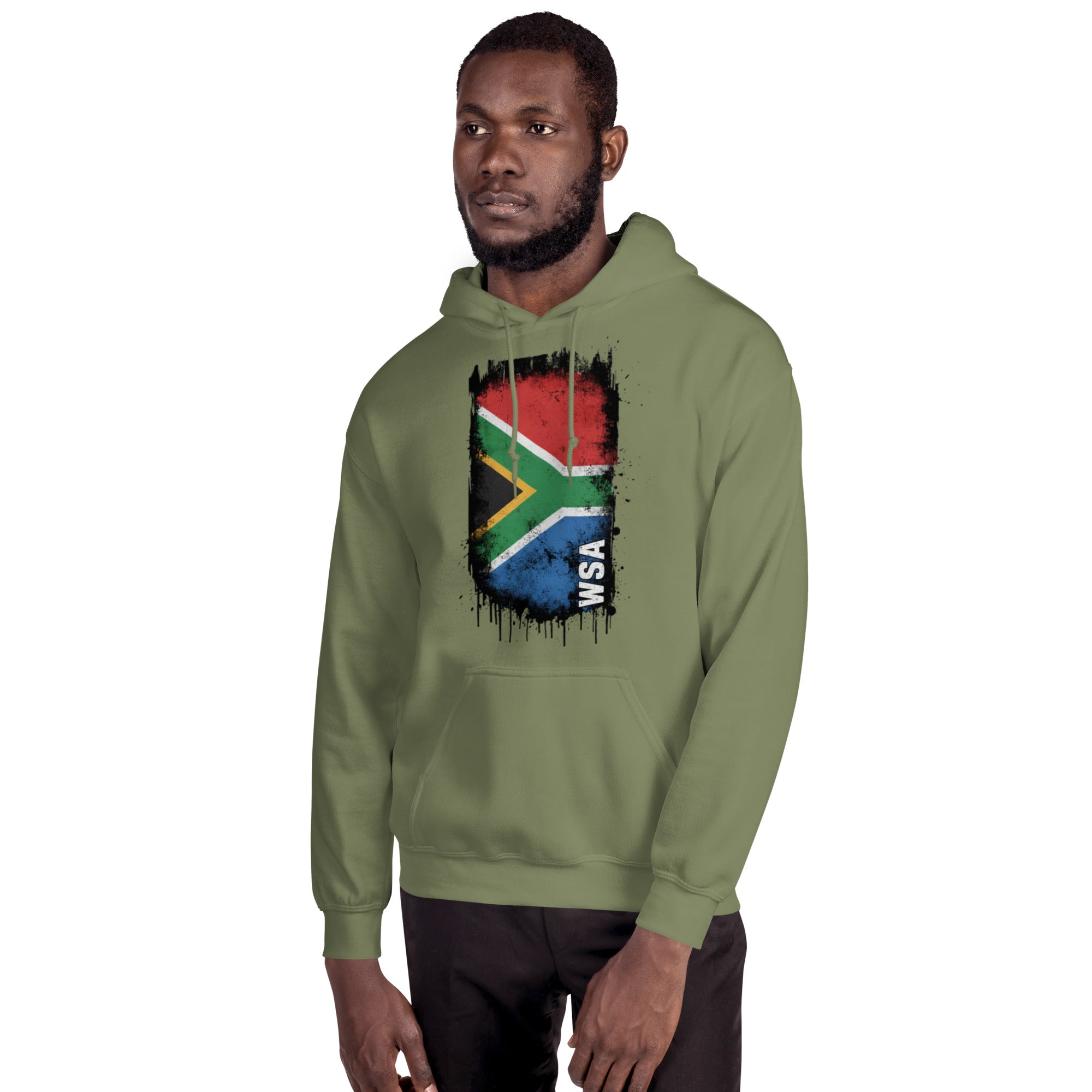 Man wearing a green hoodie with a South African flag design on a white background
