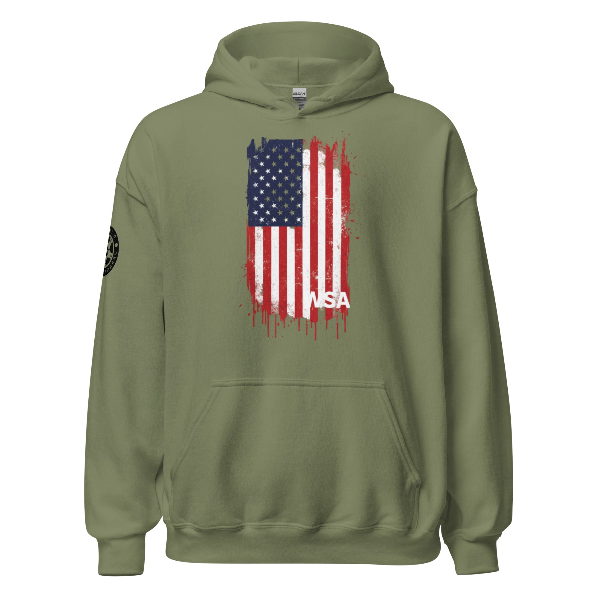 Green hoodie with American flag design on a white background