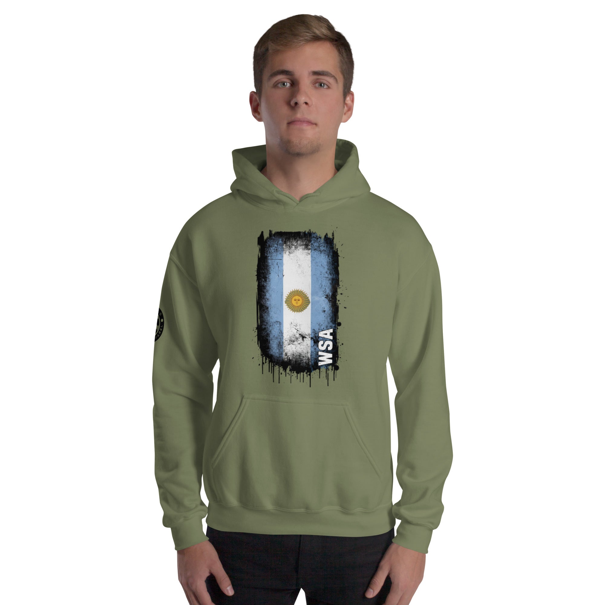 Person wearing a green hoodie with a flag design on a white background