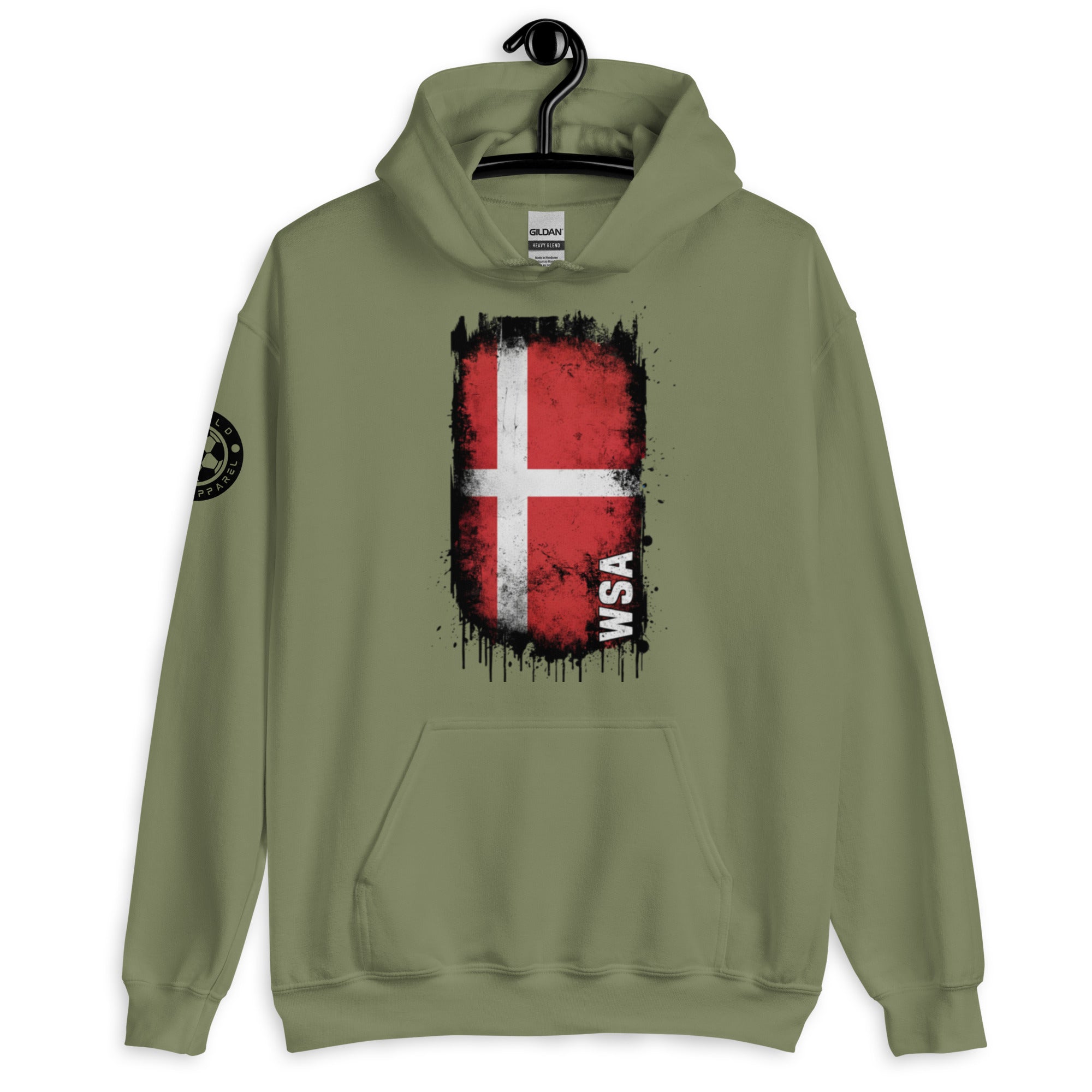 Green hoodie with a red and white flag design on a hanger against a white background