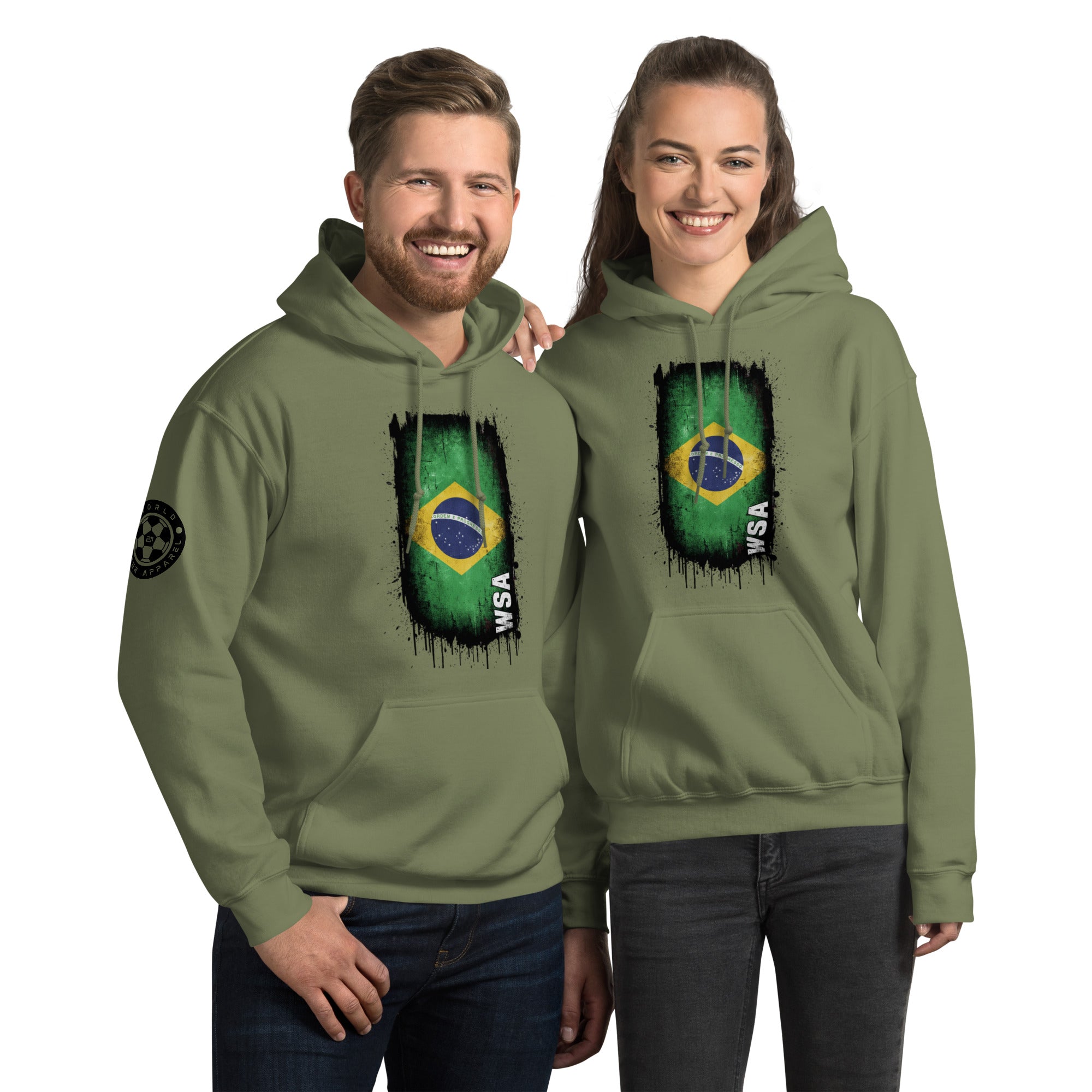 Two people wearing green hoodies with a flag design on a white background