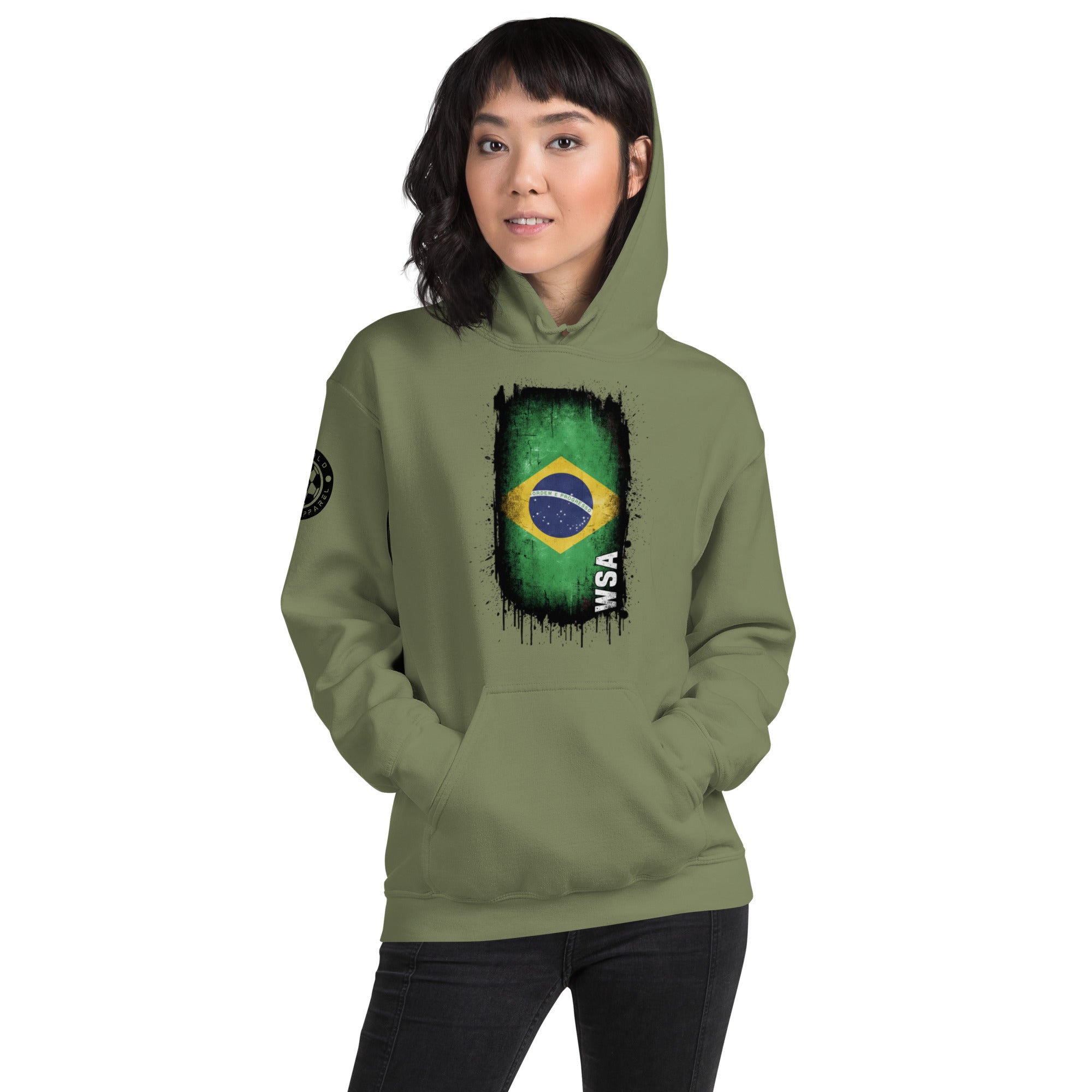 Person wearing a green hoodie with a Brazilian flag design on a white background