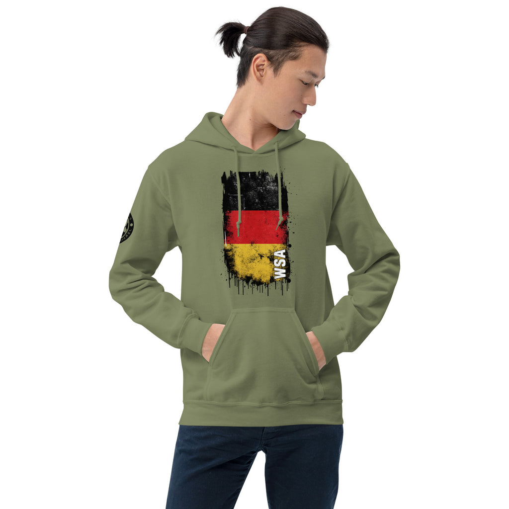 Person wearing a green hoodie with a graphic design on a white background
