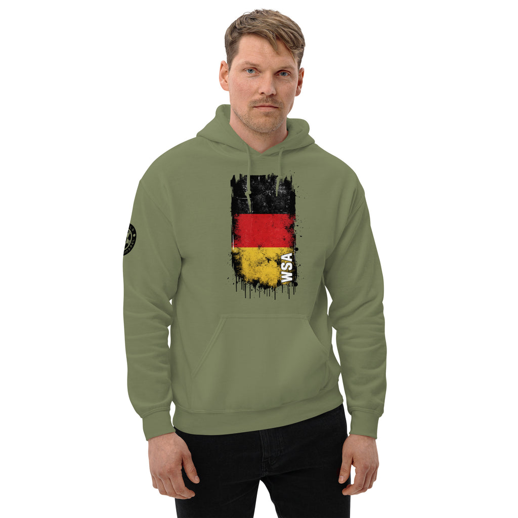 Man wearing a green hoodie with a graphic design on a white background