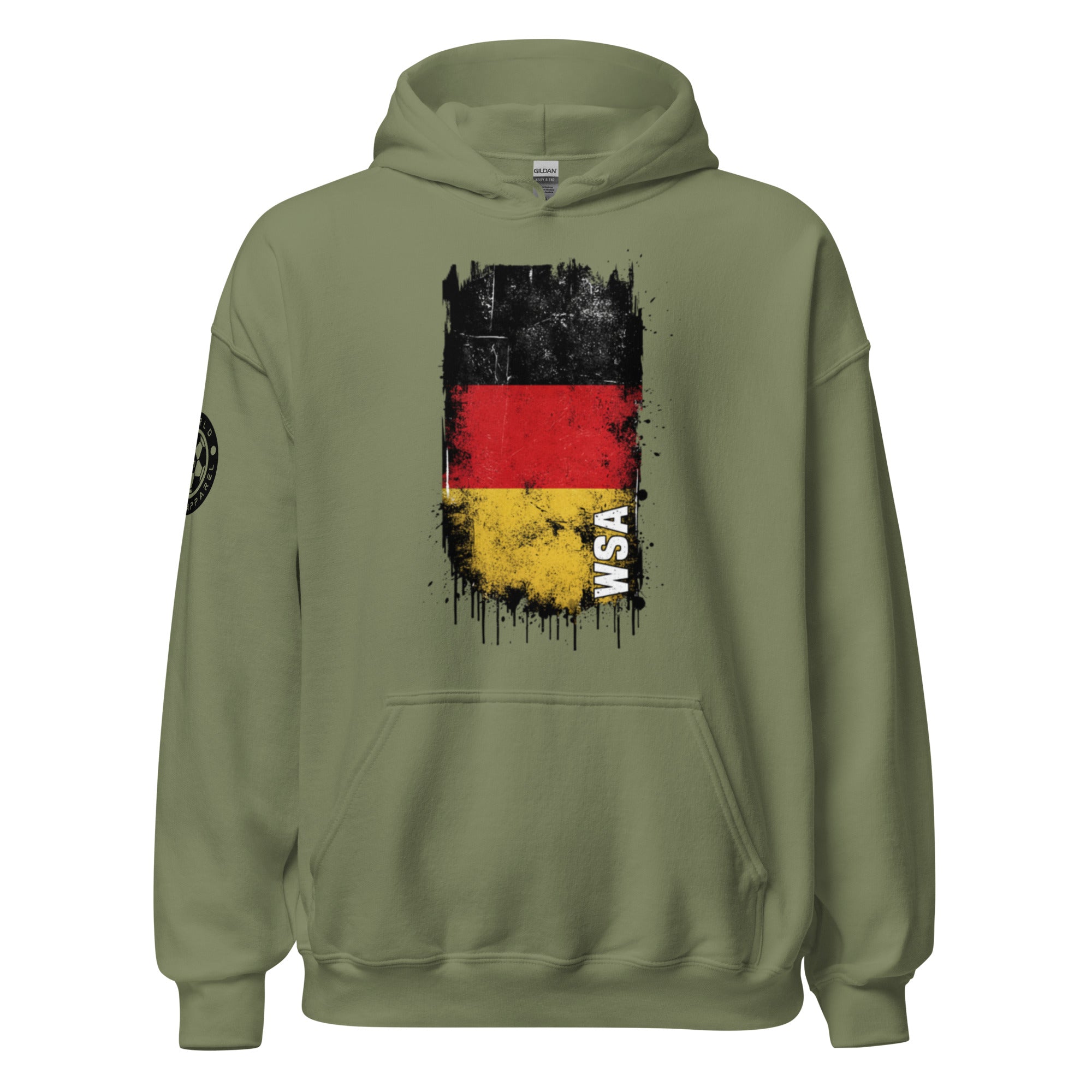 Green hoodie with a graphic design on the chest and sleeve against a white background