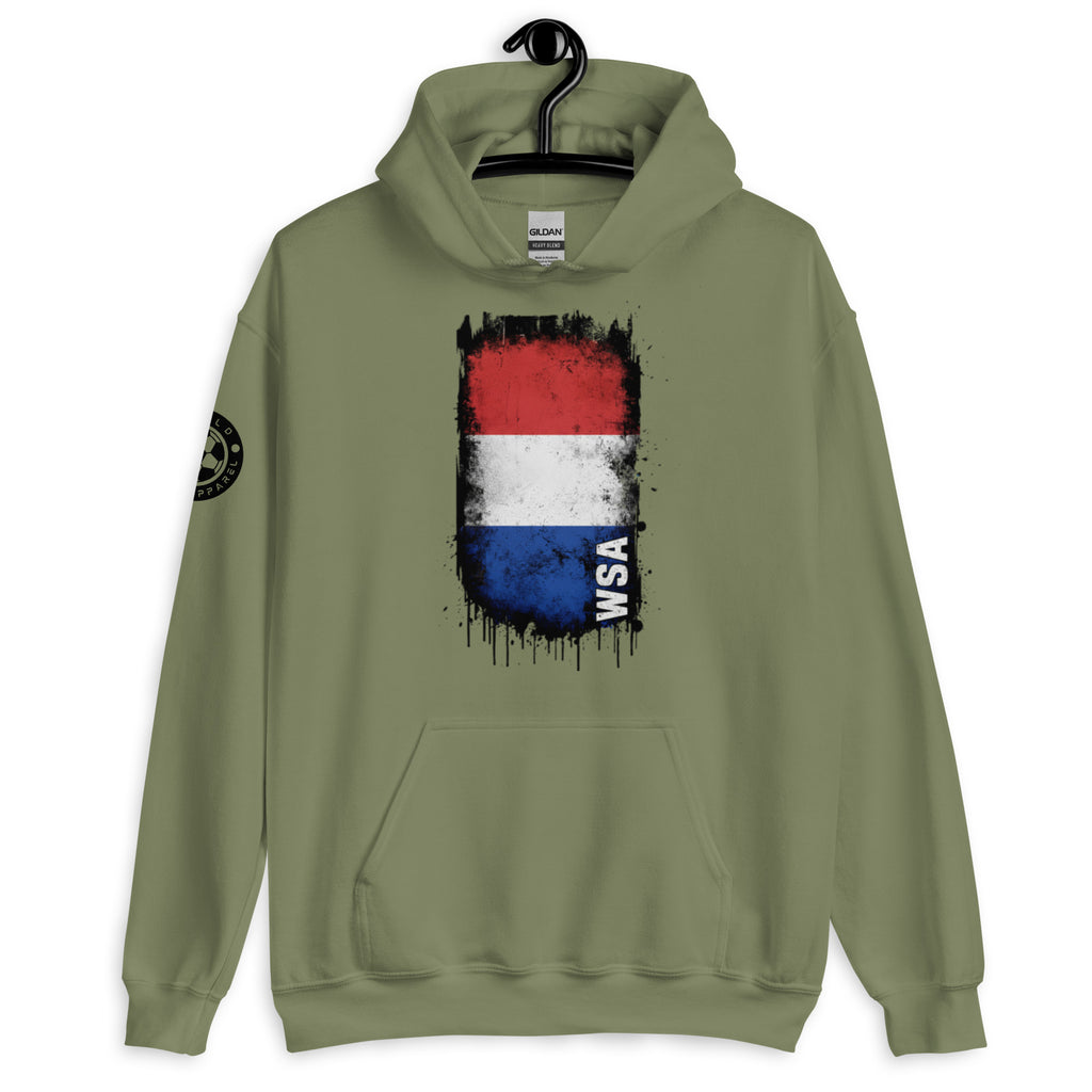 Green hoodie with a flag design and 'WSA' text on a white background