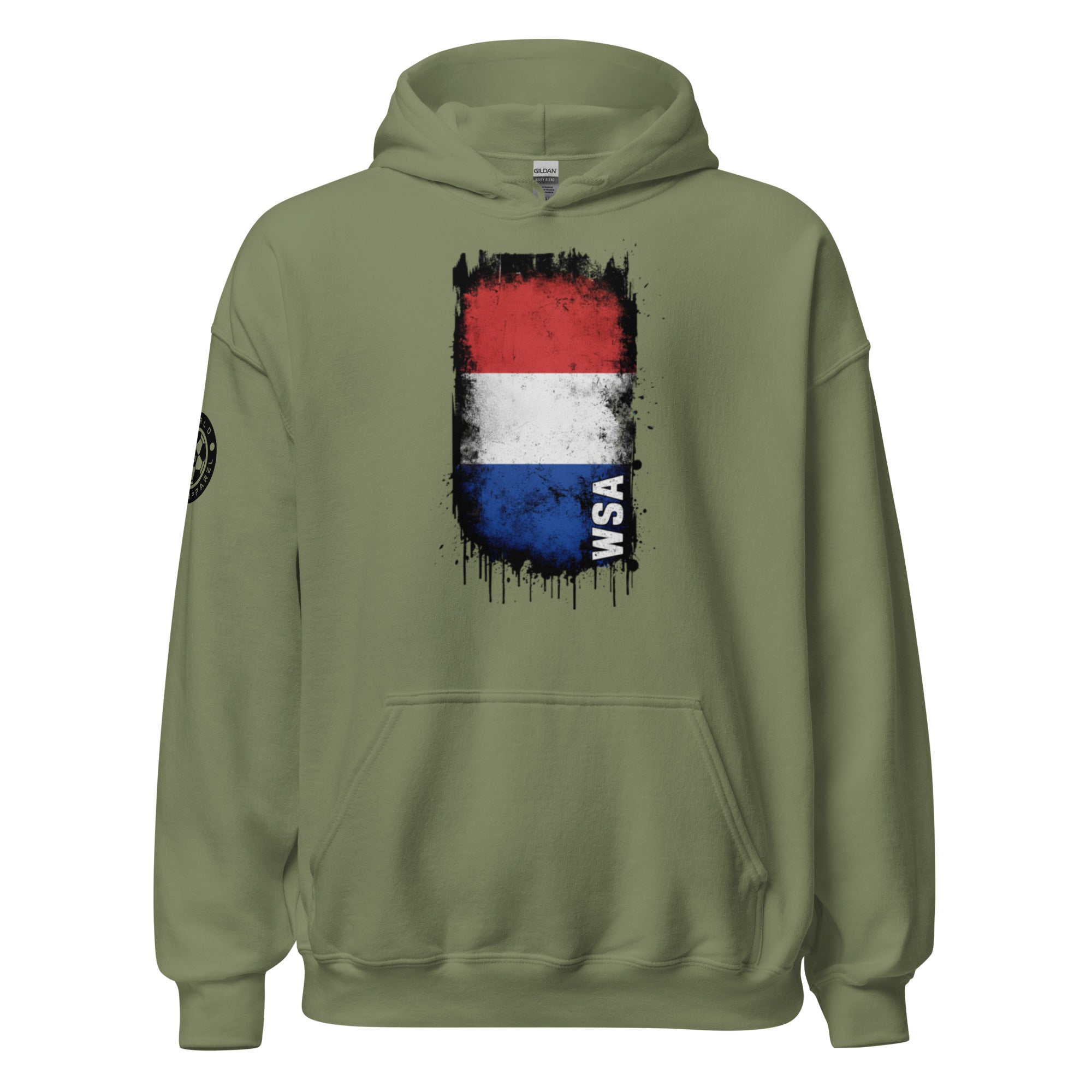 Green hoodie with a flag design on the chest against a white background