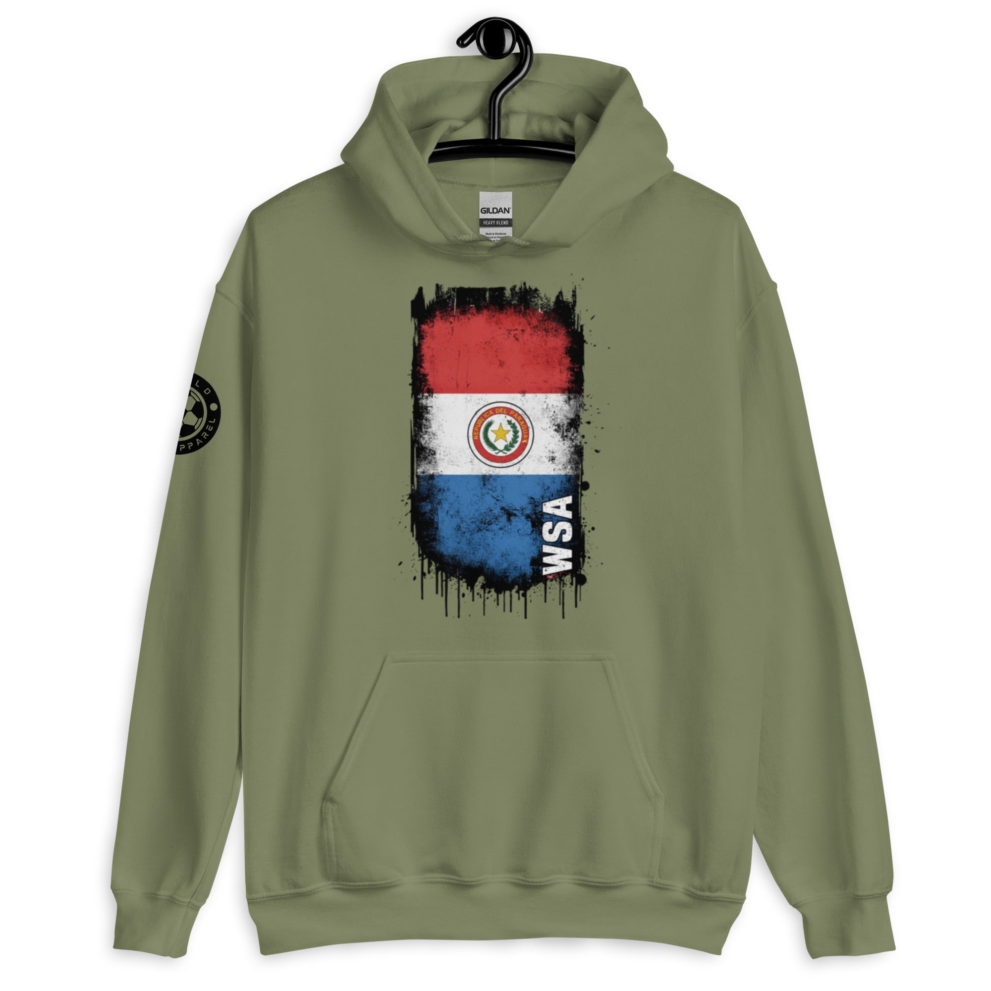 Green hoodie with a flag design on a white background