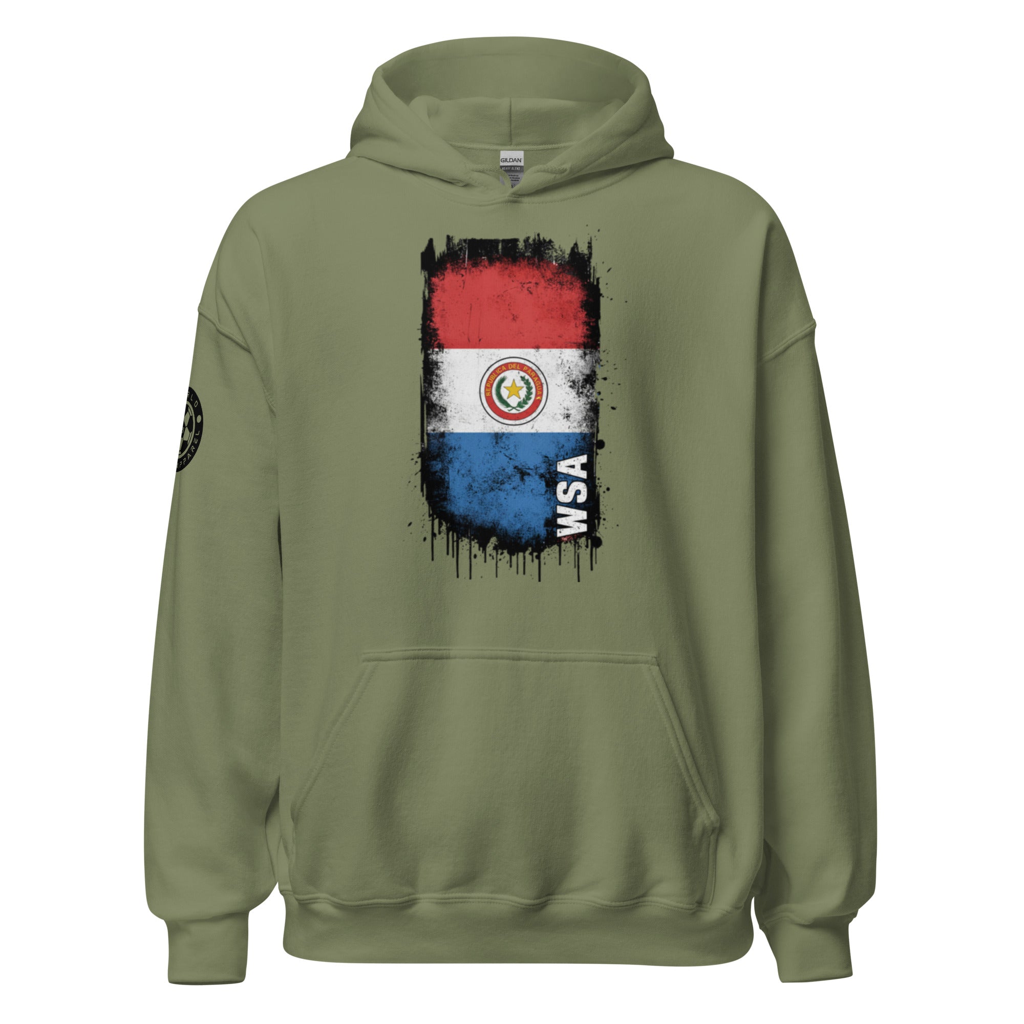 Green hoodie with Paraguayan flag design on a white background
